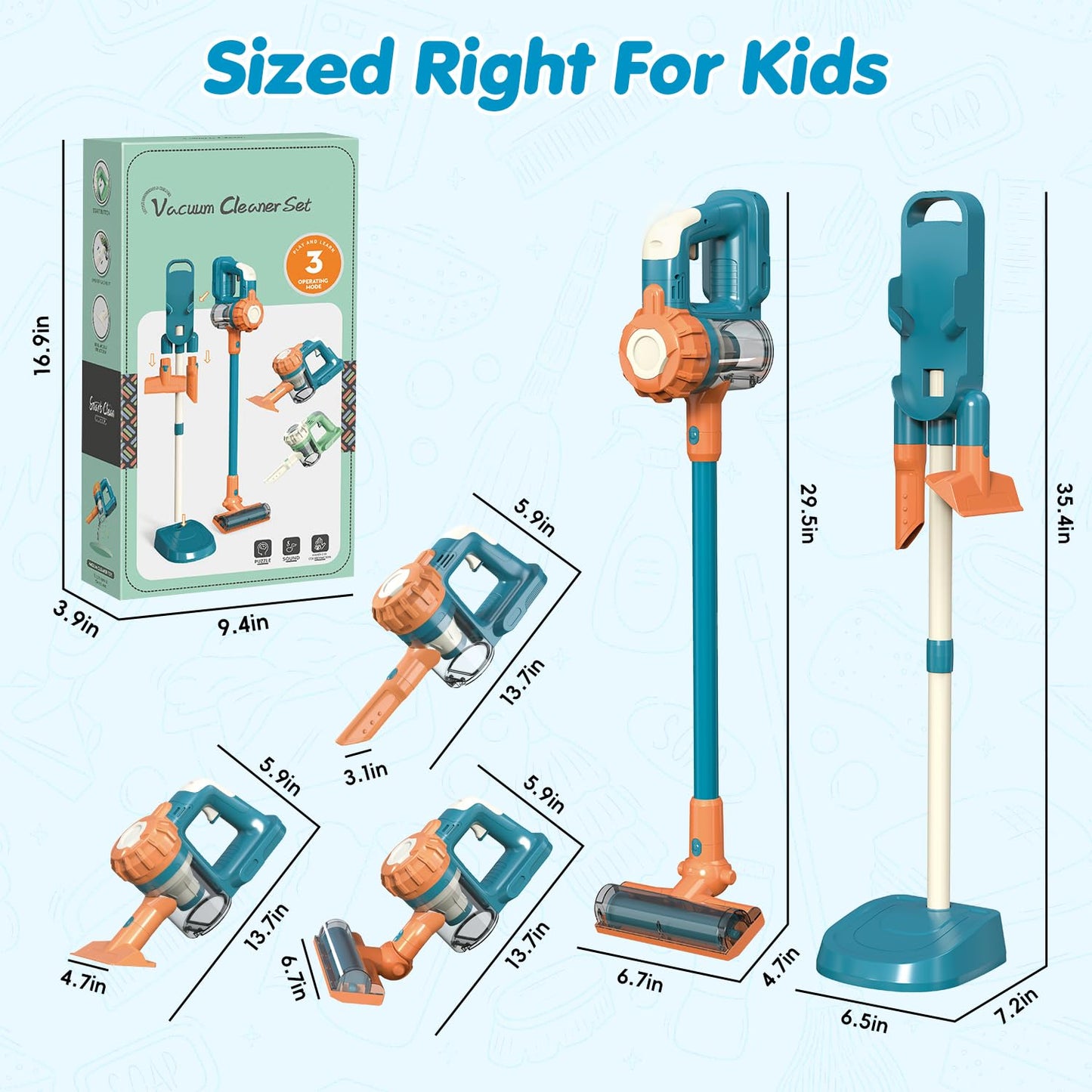 BAYMI 3-in-1 Kids Vacuum that Really Works – Working Toddler Vacuum Cleaner with Real Suction, Montessori Pretend Play Cleaning Toy Gift Set for Boys and Girls Ages 3+