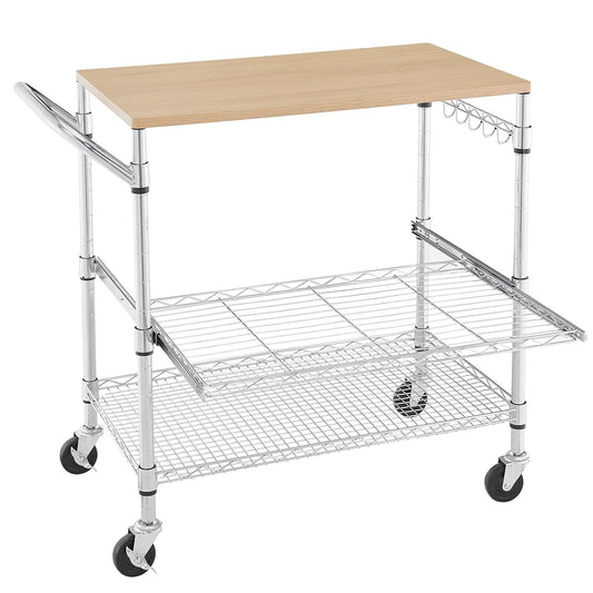 3 Tier Rolling Kitchen Cart with Wood Tabletop, Kitchen Island Carts with Wheels & Slider Shelf, Microwave Cart on Wheels, Coffee Cart with Hooks, 35.4" L*18.1" W*31.9" H，Wood+Chrome