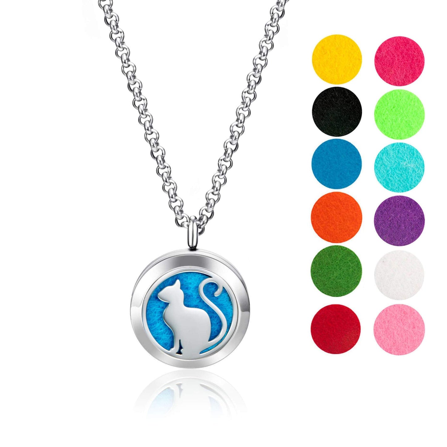 Wild Essentials Pretty Kitty Cat Essential Oil Diffuser Necklace, Stainless Steel Locket Pendant with 24 inch Chain, 12 Color Refill Pads, Customizable Color Changing Perfume Jewelry for Aromatherapy
