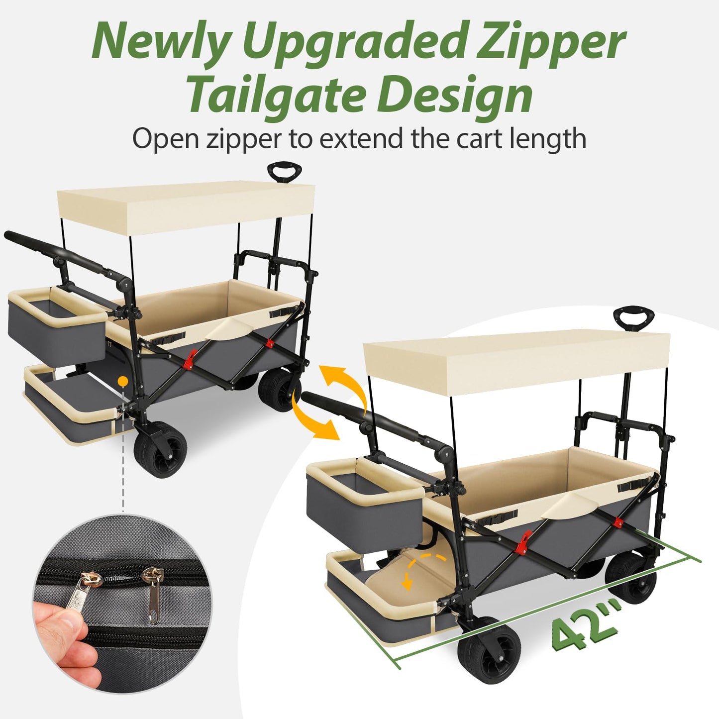 TAIFA Collapsible Foldable Wagon Cart with Removable Canopy, Push Pull Utility Beach Wagon with Big Wheels and Brakes for Sand Shopping Camping Outdoors, Beige1