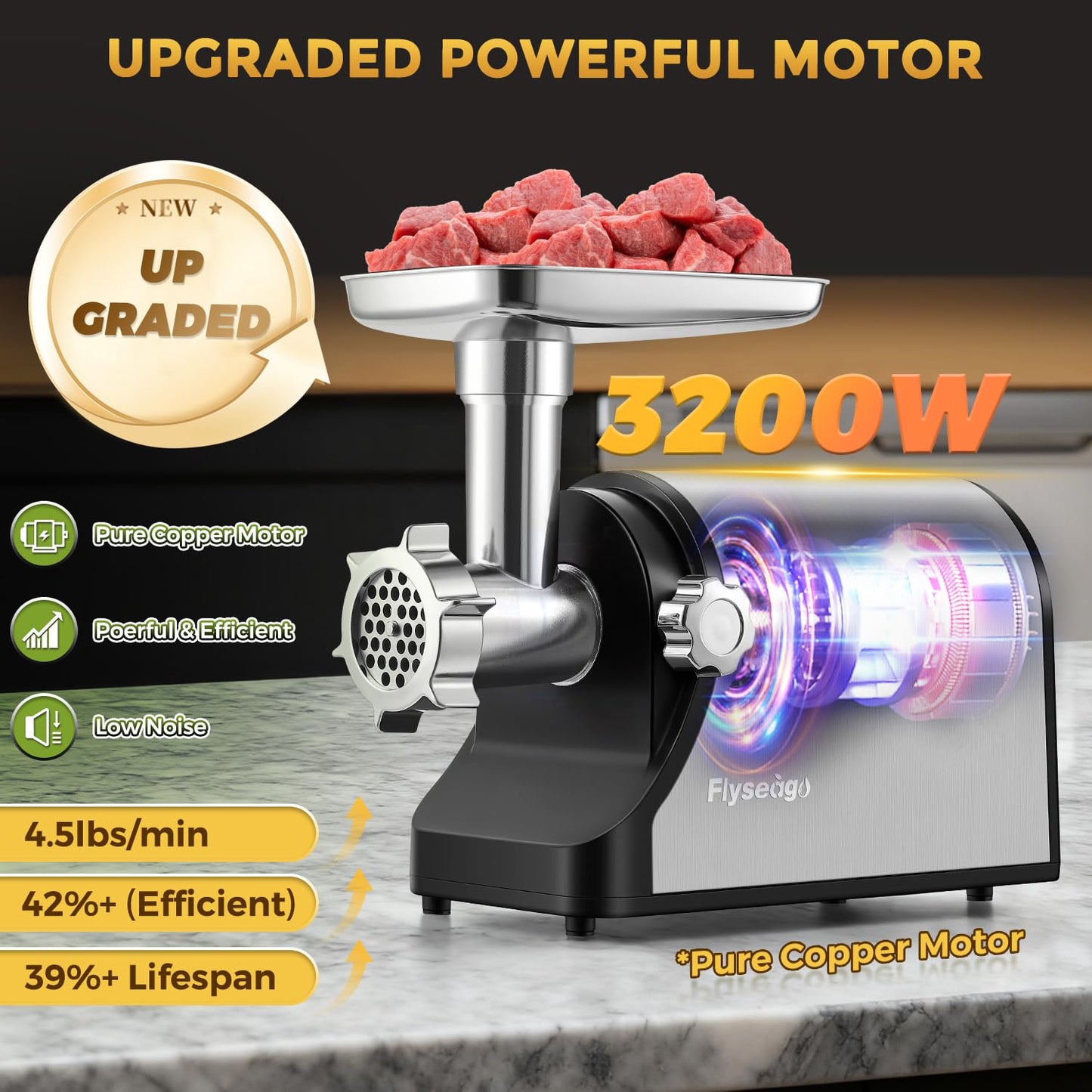 Flyseago Electric Meat Grinder 3200W Heavy Duty Commercial Meat Grinders, Sausage Stuffer, Kubbe Kit with 2 Cutting Blades, 3 Grinding Plates, 3 Sausage Tubes, Metal Gearbox Meat Grinder for Home Use