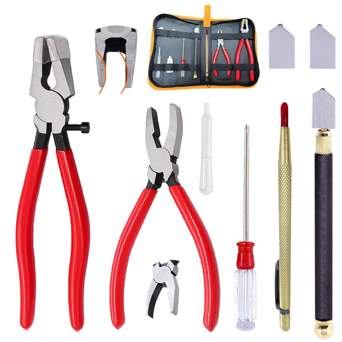 OFCOX Glass Cutting Tool Set Kit, Glass Nipper,Glass Running Plier, Breaking Plier, Oil Feed Glass Cutter Set with Leather Zipper Bag for Stained Glass, Tiles, Mosaic, Mirrors,Bottle, Fusing, Breaking