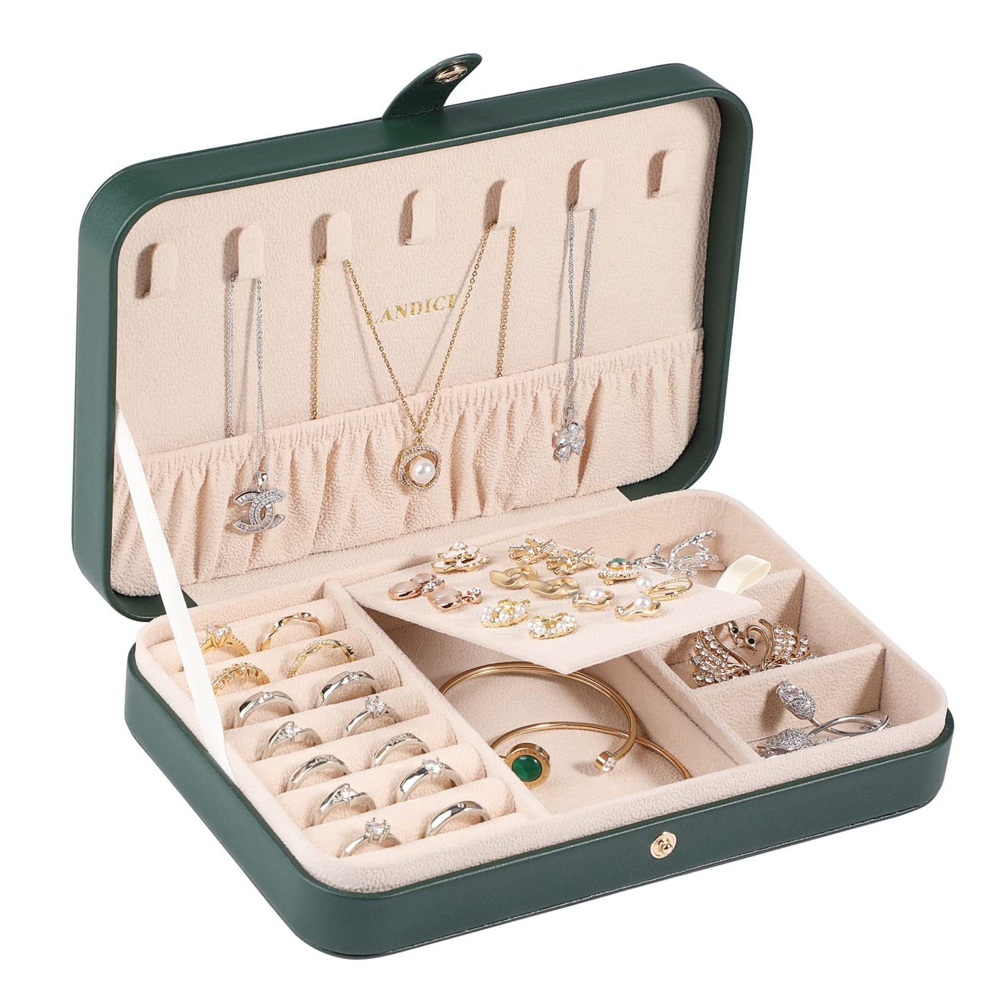 LANDICI Small Jewelry Box for Women Girls, PU Leather Travel Jewelry Organizer Case, Jewellery Storage Holder Display for Ring Earrings Necklace Bracelet Bangle Watch Men Kids Gift, Blackish Green