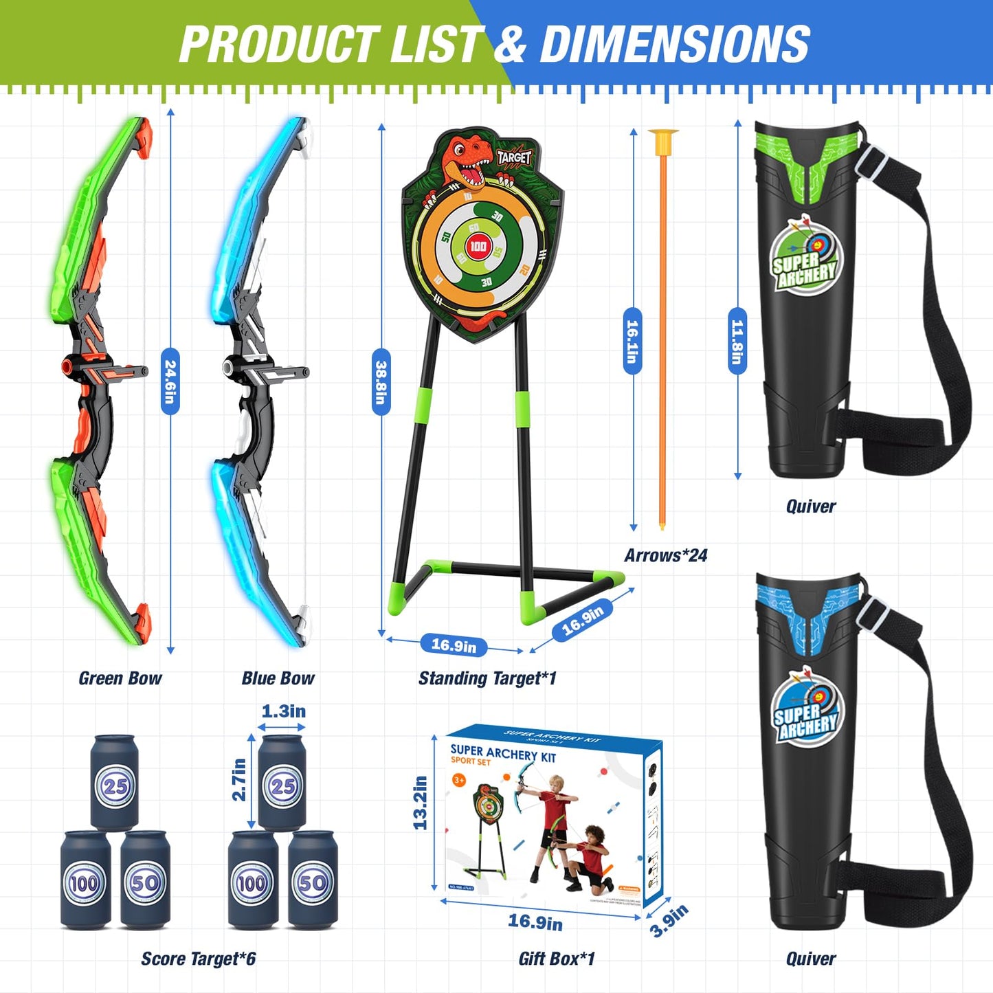 HYES 2 Pack Bow and Arrow for Kids, LED Light Up Archery Set with 24 Suction Cup Arrows, 1 Standing Target, 6 Score Targets & 2 Quiver, Indoor Outdoor Sport Gifts for Boys Girls Ages 4-8