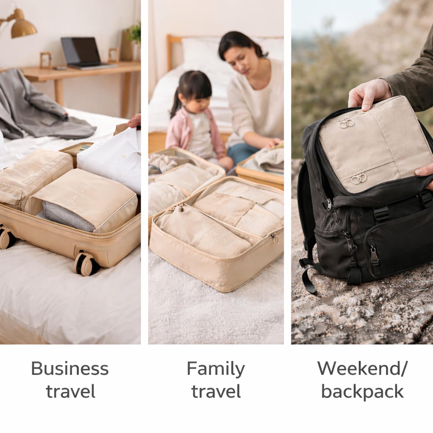 7 Set Packing Cubes For Travel | Luggage Organizer Bags With Shoe, Laundry Bag, Accessory Pouch And Lingerie Bag | Durable And Space Saving Suitcase Organizer For Travel Essentials | Beige