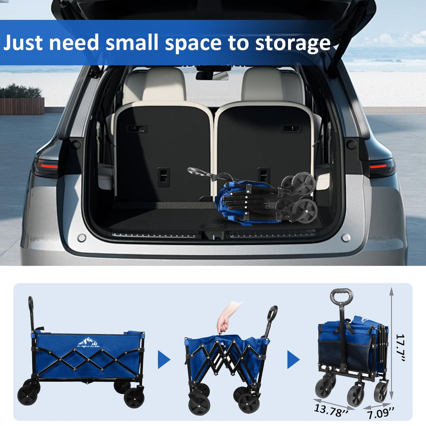 VOYSIGN Collapsible Wagon Folding Utility Cart, Beach Wagon 352LBS Heavy-Duty with Adjustable Handles, 5" Quiet Swivel Wheels, Lightweight (11lbs) for Groceries, Camping, Moving, Blue