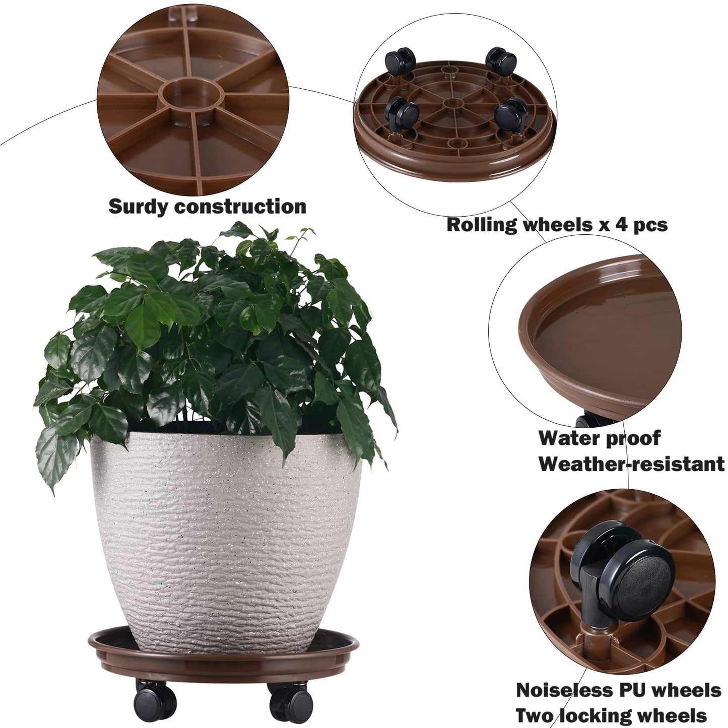 5 Packs Large Plant Caddy with PU Wheels 12" Rolling Plant Stands Heavy-duty Plastic Plant Roller Base Pot Movers Plant Saucers on Wheels Indoor Outdoor Plant Dolly with Casters Planter Tray Coaster
