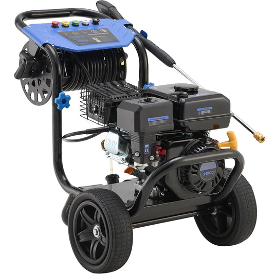 Ezasin Gas Pressure Washer 3600 PSI, 2.3 GPM Heavy Duty High Power Washer,212CC Engine with 30FT Hose, Axial Aluminum Pump, Soap Tank, Spray Gun and Wand, 5 Quick Connect Nozzle (Blue)