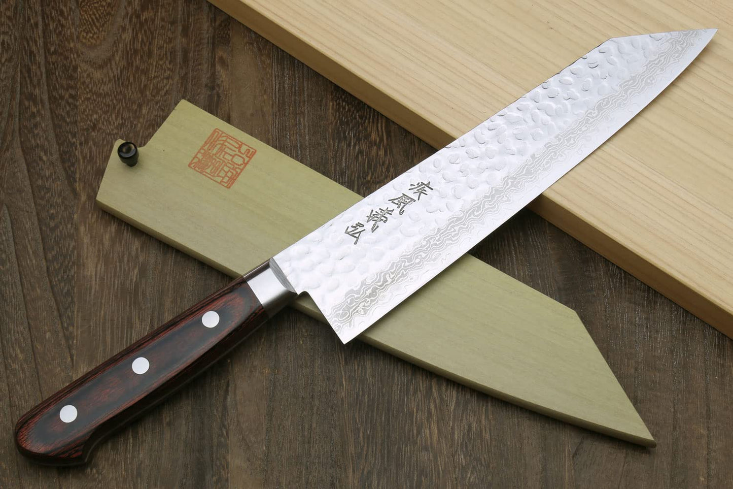 Yoshihiro VG10 Hammered Damascus Kiritsuke Sword Tip Multipurpose Japanese Chef Knife 8.25 inch - Western Style Mahogany Handle (with Magnolia Saya Cover)