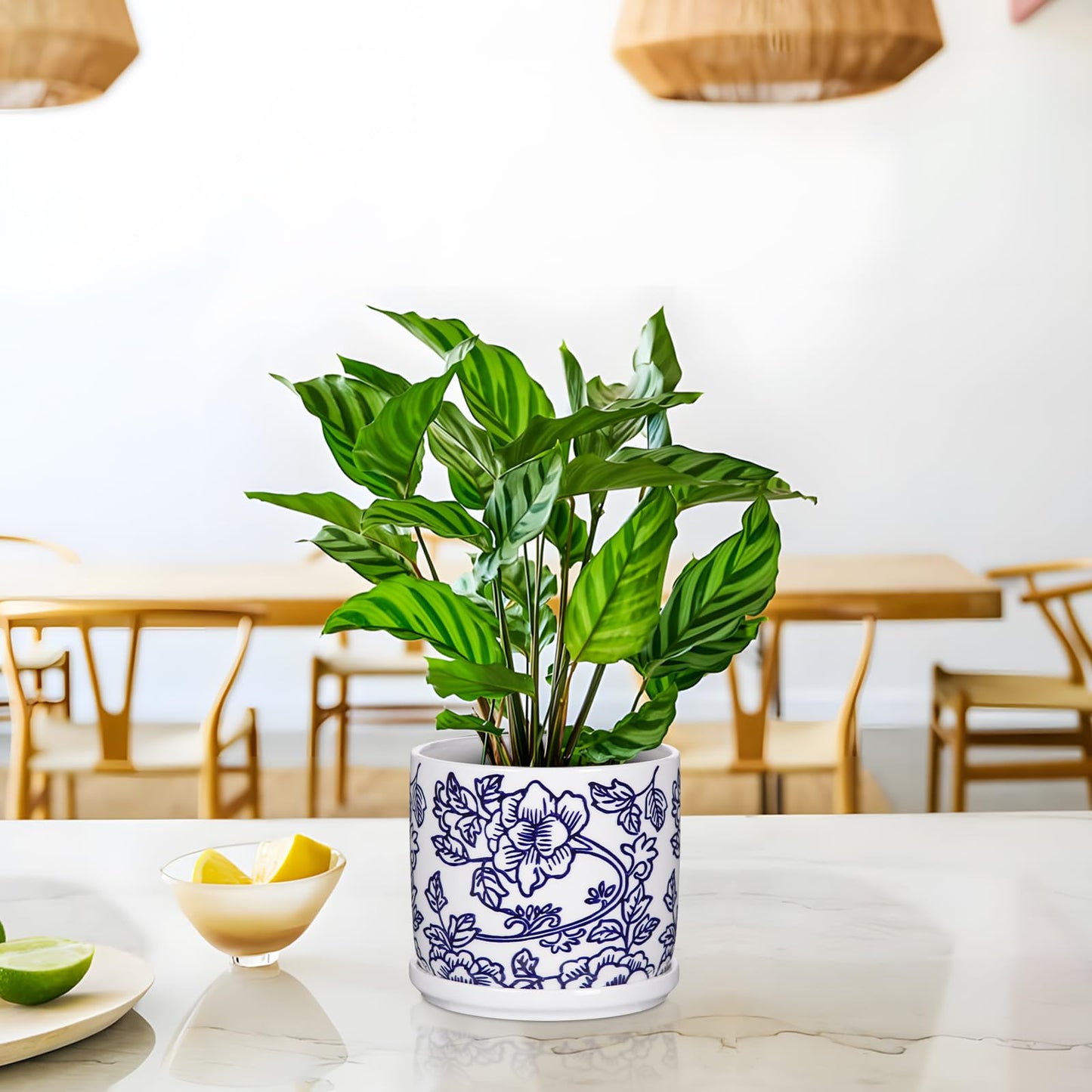 Set of 2 Blue and White Ceramic Plant Pots with Drainage Hole and Saucers, Retro Blue Porcelain Flowers Round Planters for Succulent Cactus Indoor Outdoor Garden Home Desktop Decor, 4.5+5.5 Inch