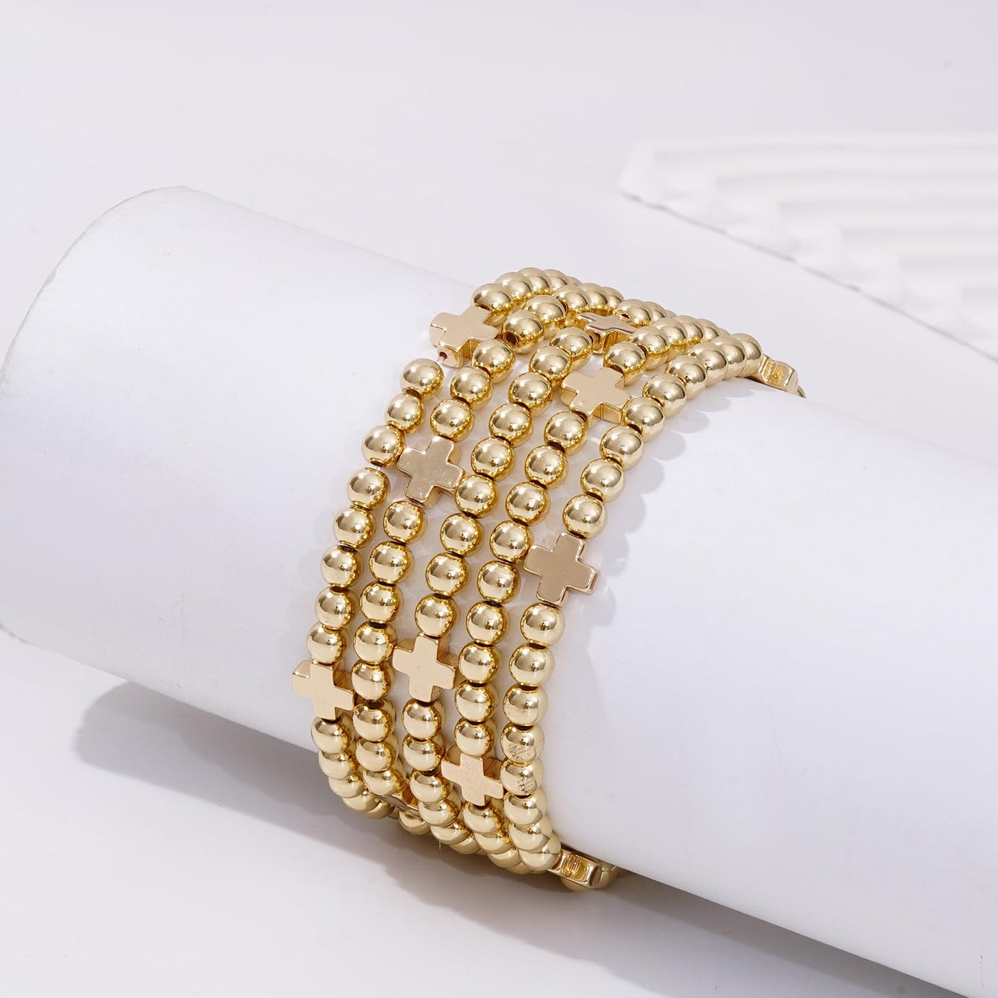 Sajidos Gold Plated Beaded Bracelets for Women Trendy, 14K Gold Plated Stack Cross Pearl Bead Stretch Bracelets Set Elastic Hypoallergenic Bracelets Jewelry Gifts (style13-gold cross pcs)