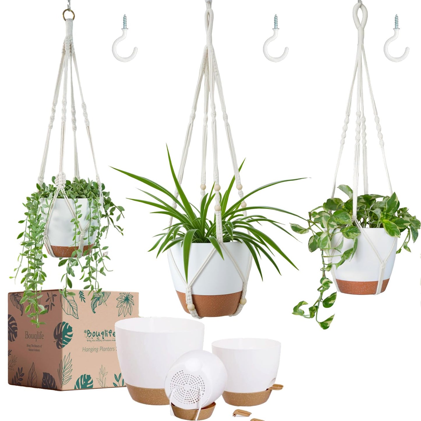 Bouqlife 3 Pack 10/8/7 Inch Hanging Planters for Indoor Plants with Self-Watering Hanging Pots with Drainage, 3 Different Size Macrame Plant Hangers with Hooks White Large