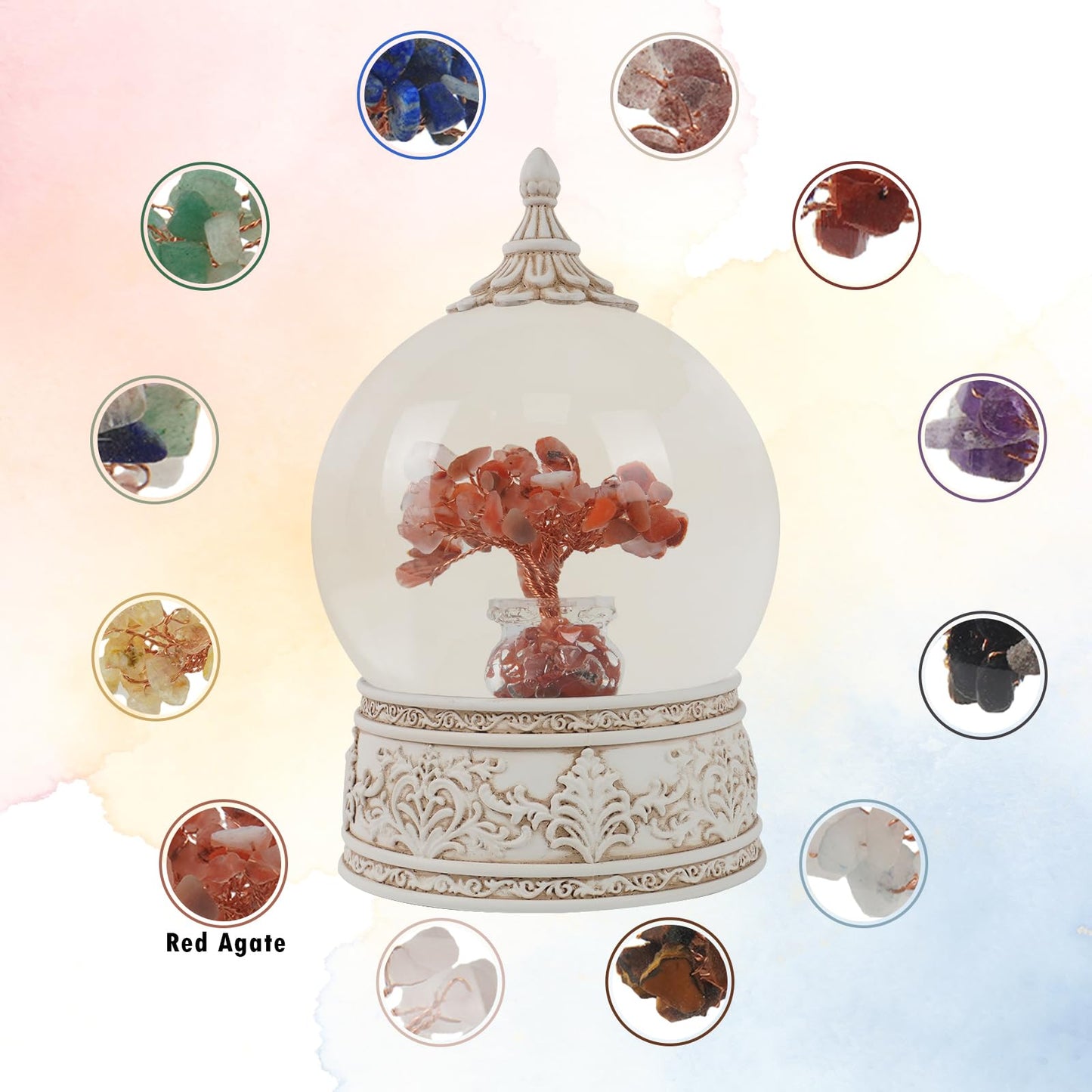 Red Agate Healing Crystal Tree Globe with Colorful Lights and Sparkling Glitter, Natural Gemstone Base, Spiritual Meditation, Positive Energy Good Luck, Home Decor, Birthday Gifts (Red Agate)