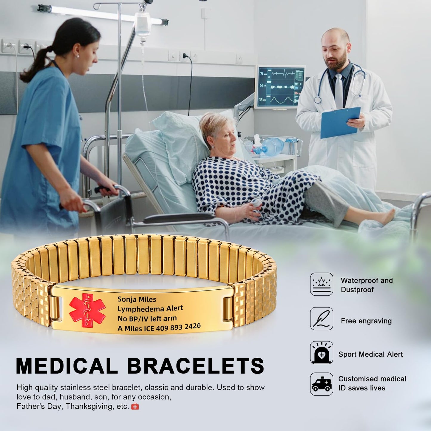 Personalized Medical ID Bracelets for Men - Custom Emergency Alert Bracelet for Women Engraved Medic Info Elastic Stainless Steel Bracelets for Family Autism Allergy Diabetic Epilepsy (Gold, 21.5cm)