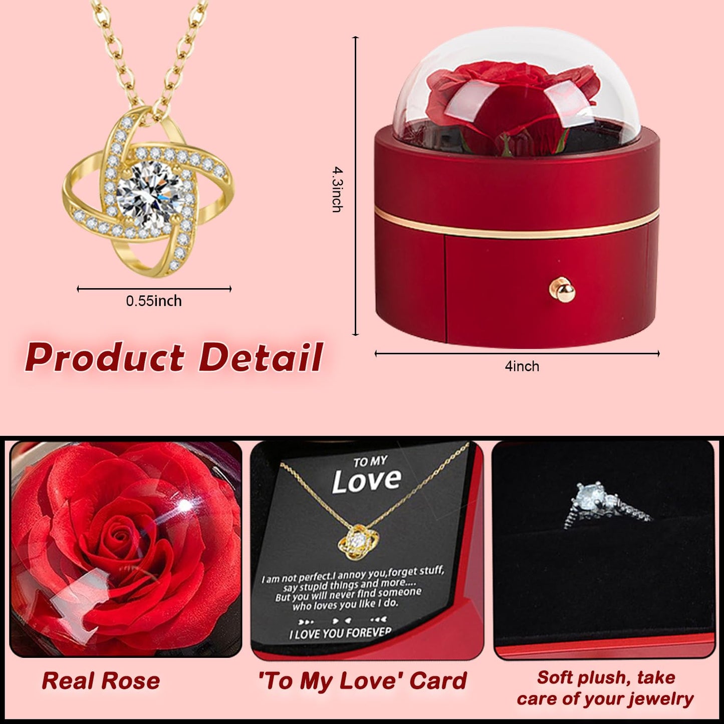 Preserved Handmade Rose Box with Four Leaf Clover Necklace, Jewelry Boxes Poetry Roses Gifts for Women Her Mom Wife Girlfriend on Valentines,Mother's Day with ''To My Love'' Card (Romantic Red)