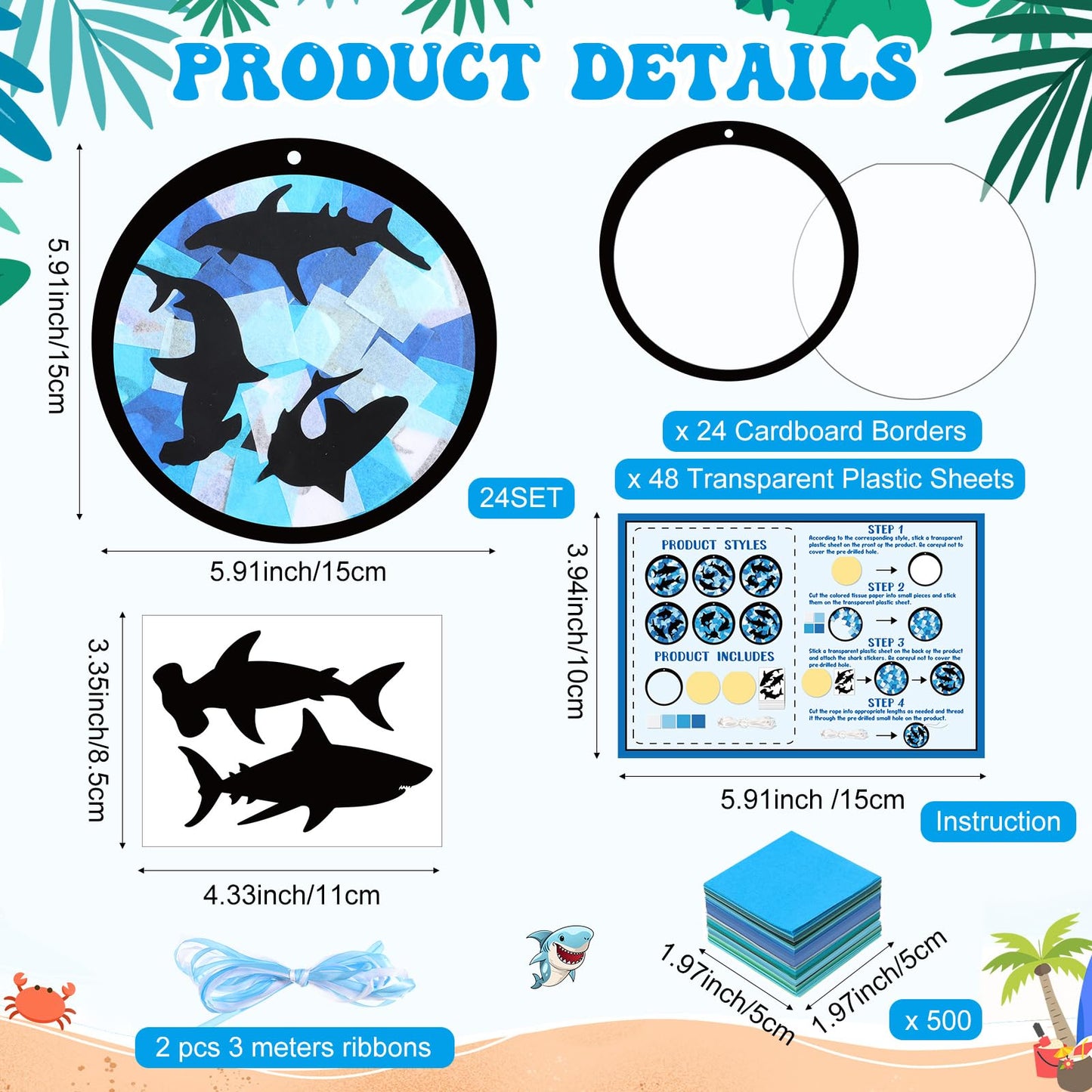 Tinlade 24 Set Summer Shark Crafts Under The Sea Shark Tissue Paper Suncatcher Craft Kit DIY Beach Ocean Animal Hanging Ornaments Make Your Own Window Decor Summer Classroom Party Decoration Supplies