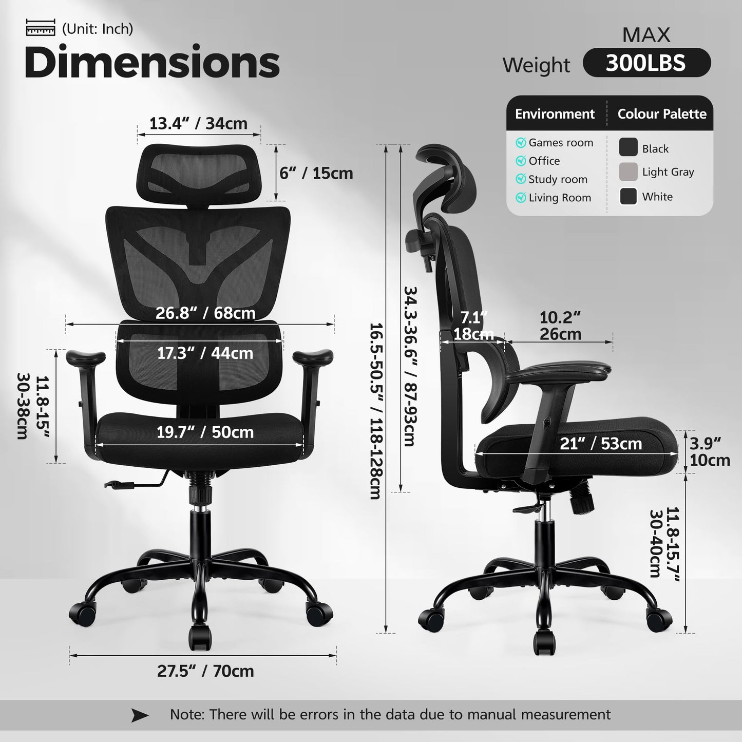 Ergonomic Office Chair High Back Desk Chair with Lumbar Support, Breathable Mesh Computer Chair with Adjustable Armrests Height, Reclining Swivel Big and Tall Gaming Chair for Home Office(Black)