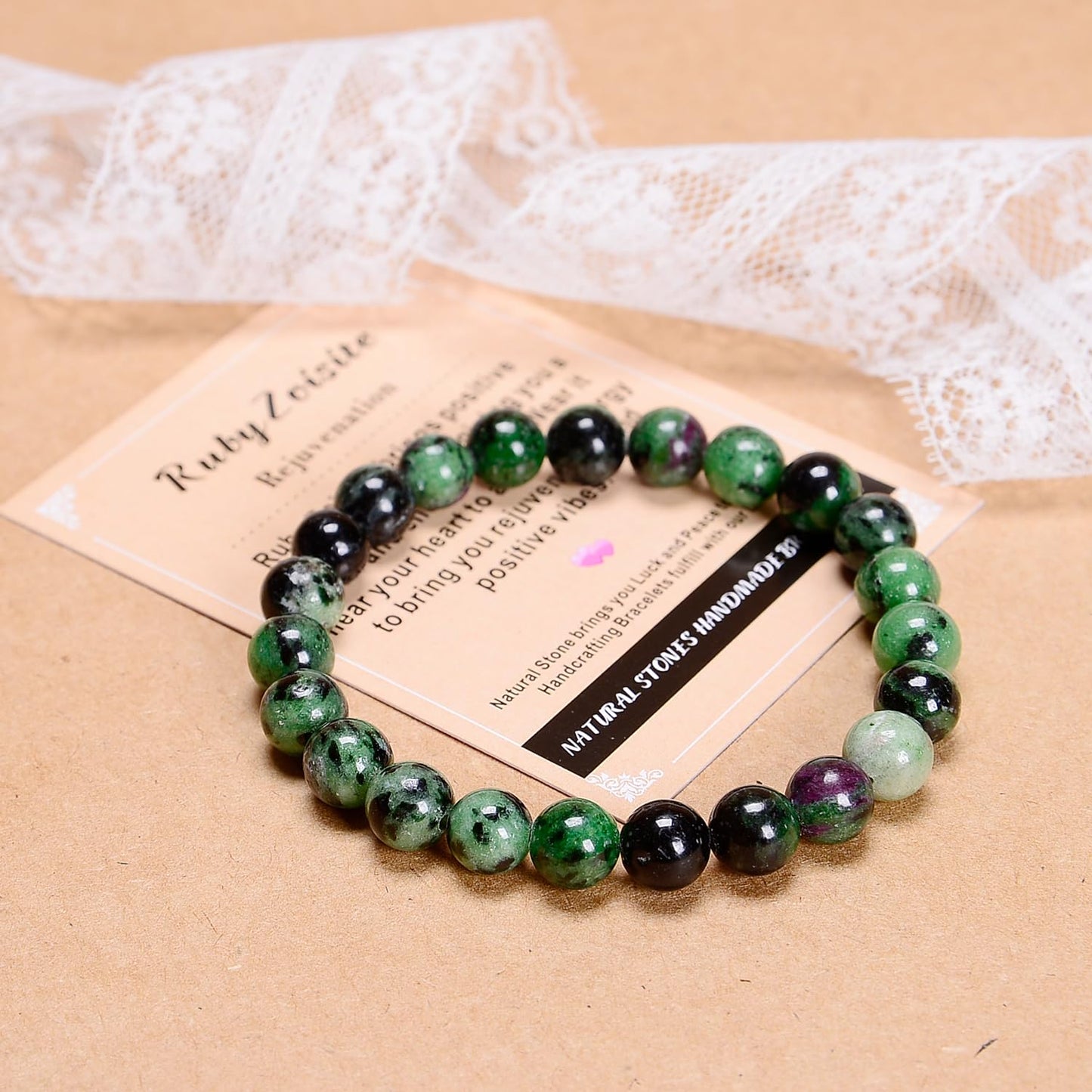 AD Beads Handmade Gemstone Stretch Elastic Bracelet Crystal Healing Reiki Nature's Beauty and Spiritual Essence Unisex (8mm, Ruby Zoisite (Rejuvenation))