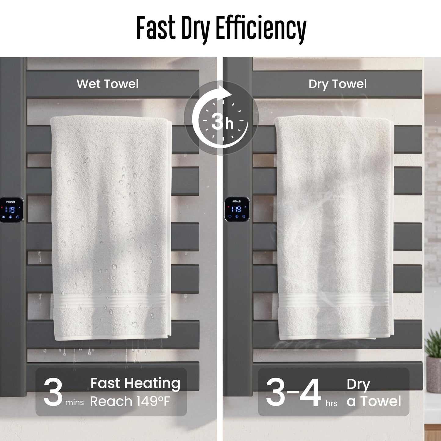 HStrukt Towel Warmer, Heated Towel Rack with Built-in Timer and Temperature Control,Hard-Wired(Left-Wiring)/Plug-in Wall-Mounted Towel Rail, Aluminum，18.8" W X 34.64" H, Black