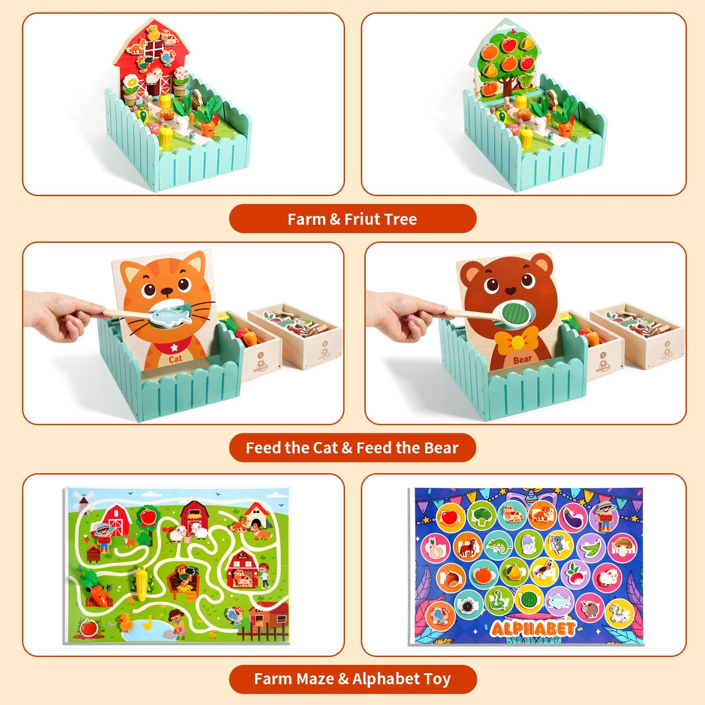 Wooden Peg Board Bead Game-Montessori Wooden Farm Sensory Toddler Toys