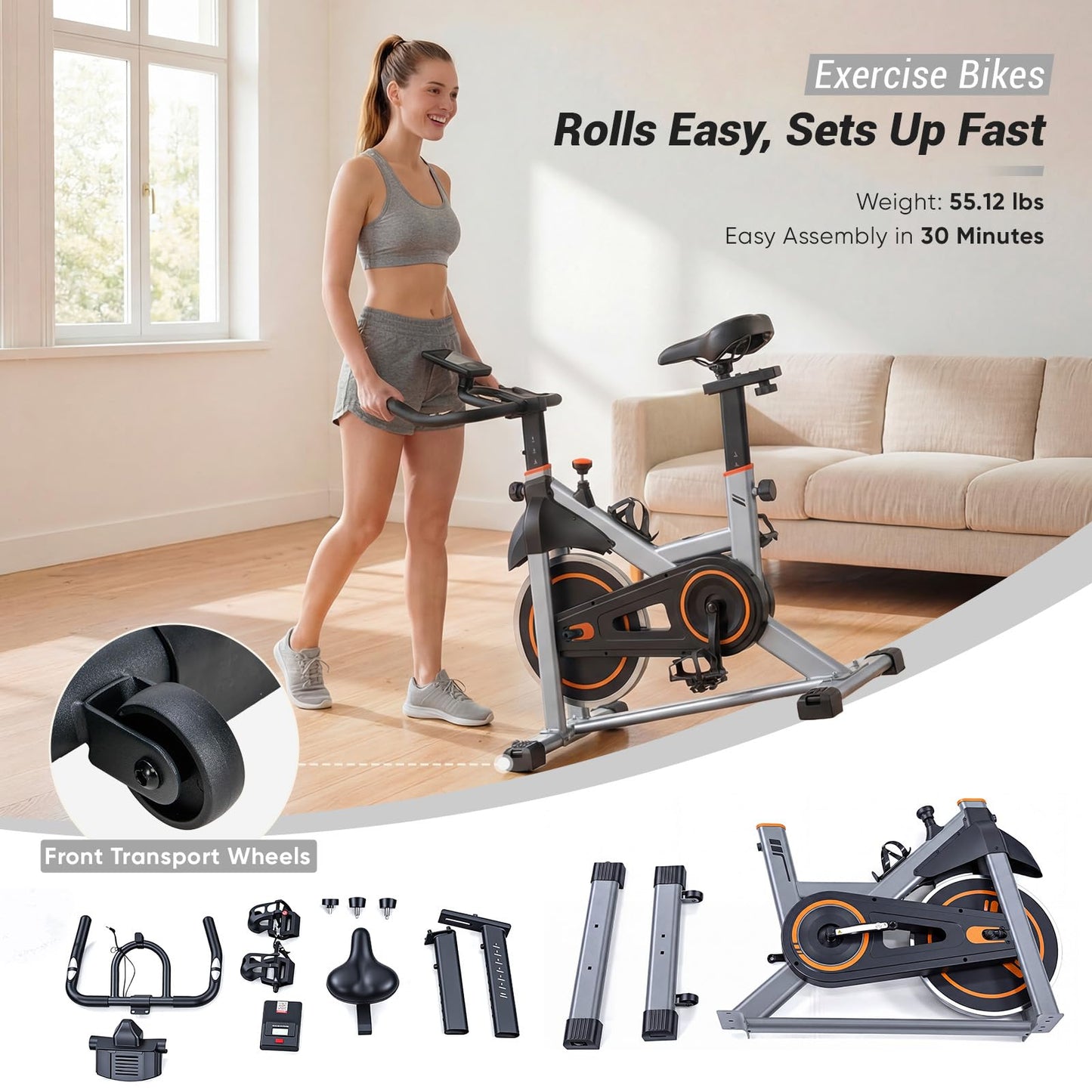 OLIXIS Exercise Bike with APP Control, Brake Pad Stationary Bikes with Quiet Magnetic Resistance, Indoor Cycling Spin Workout Bike with 300.0 lbs Weight Capacity for Living Room, Home, Gym, Orange