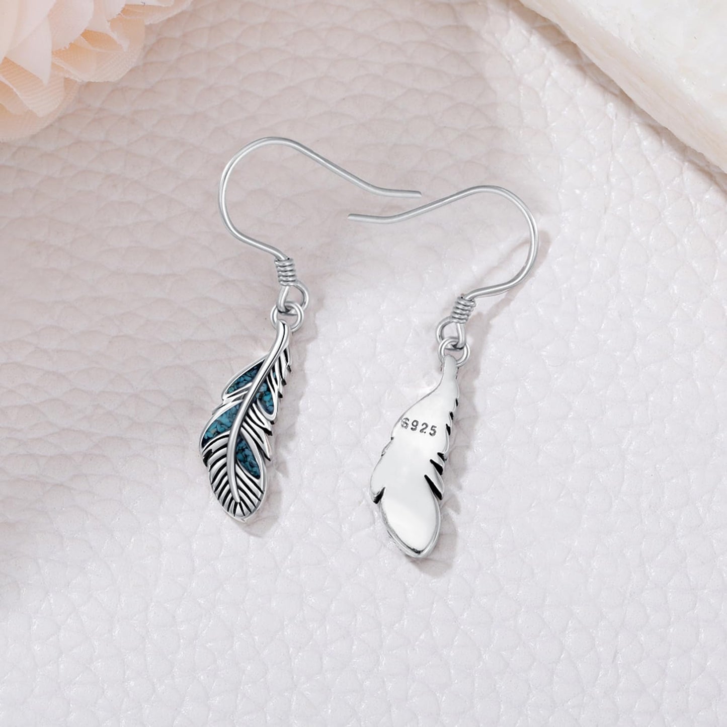 KoyeKei Turquoise Feather Earrings 925 Sterling Silver Feather Dangle Drop Earrings Western Jewelry Country Christmas Graduation Gifts for Women Her