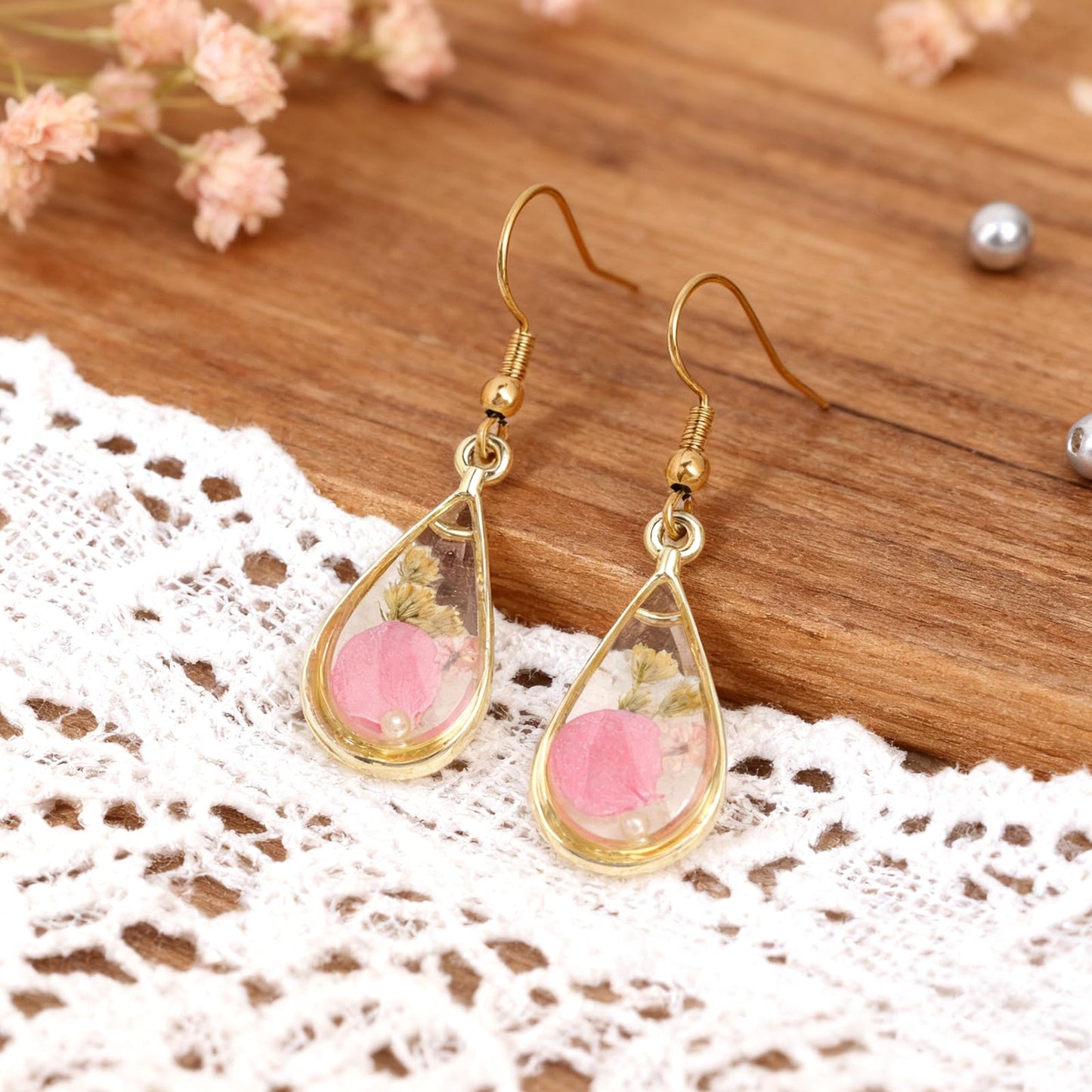 Jean Beau Handmade Pressed Flower Earrings for Women, Unique Resin Pink Dried Flowers Gold Plated Teardrop Dangle Drop Nature Floral Earings Fashion Summer Jewelry Gift