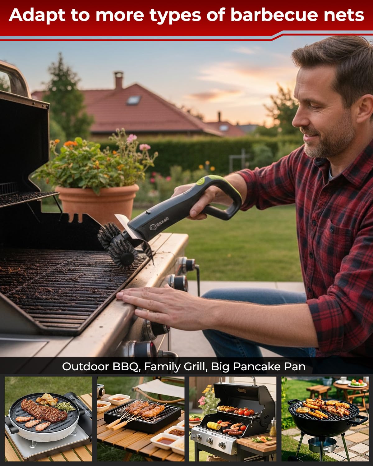 Saker Electric Grill Brush with 450 RPM & LED Light | Tangle-Free Grill Cleaning Brush with Durable Roller | Complete 8-Piece Brush & Scouring Pad Kit | Ideal Grilling Gift for Dad