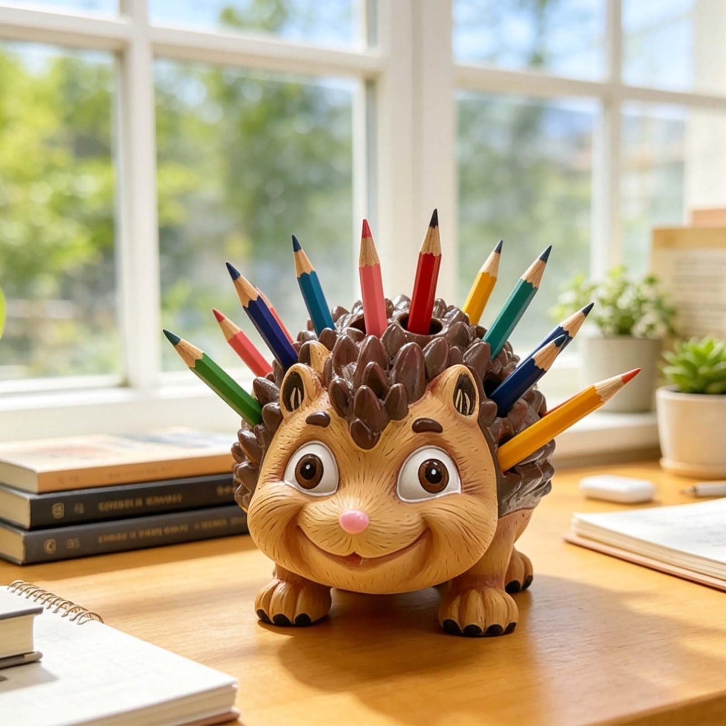 Daoofukeji Pen Holder for Desk Pencil Holder Wooden Hedgehog - Resin Hedgehog Shaped Pen Container Desk Organizer Decoration for Office Desk Home Decorative Animal Pen Holder Funny Gifts for Kids