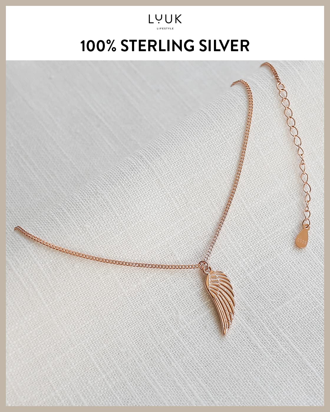 LUUK LIFESTYLE Angel wings pendant necklace for her, 925 sterling silver, 19” adjustable length, chic and trendy jewelry for a fresh and modern look, Valentine's Day, birthday, women's fashion, rose