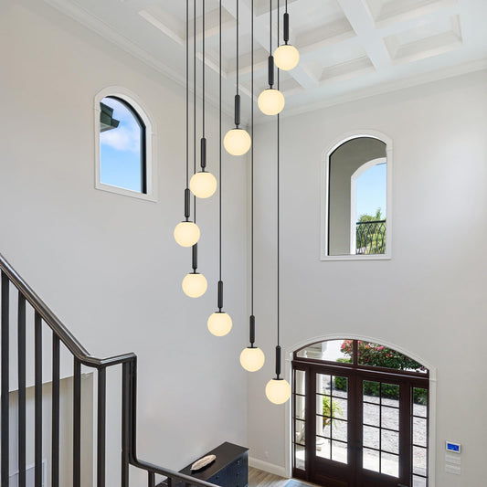 FDPBY 9-Lights Black Chandelier with Milk White Glass Mid Century Modern Globe Pendant Light for Foyer Living Room Entryway Hallway