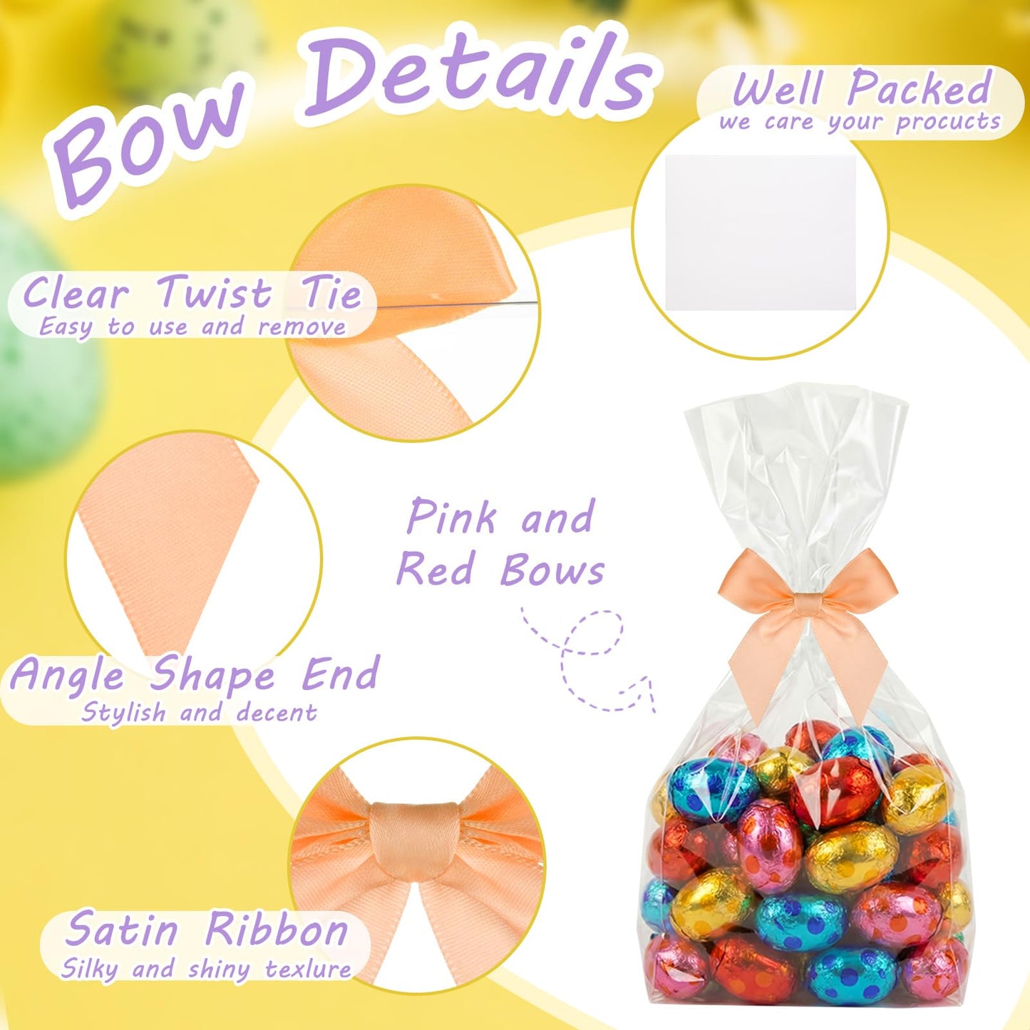 Rivvlive 100 Pcs Pastel Satin Ribbon with Twist Tie Bows 2.5 Inch Premade Bows for Spring Gift Wrapping Treat Bags Crafts Wedding Baby Shower Birthday Party Decorations