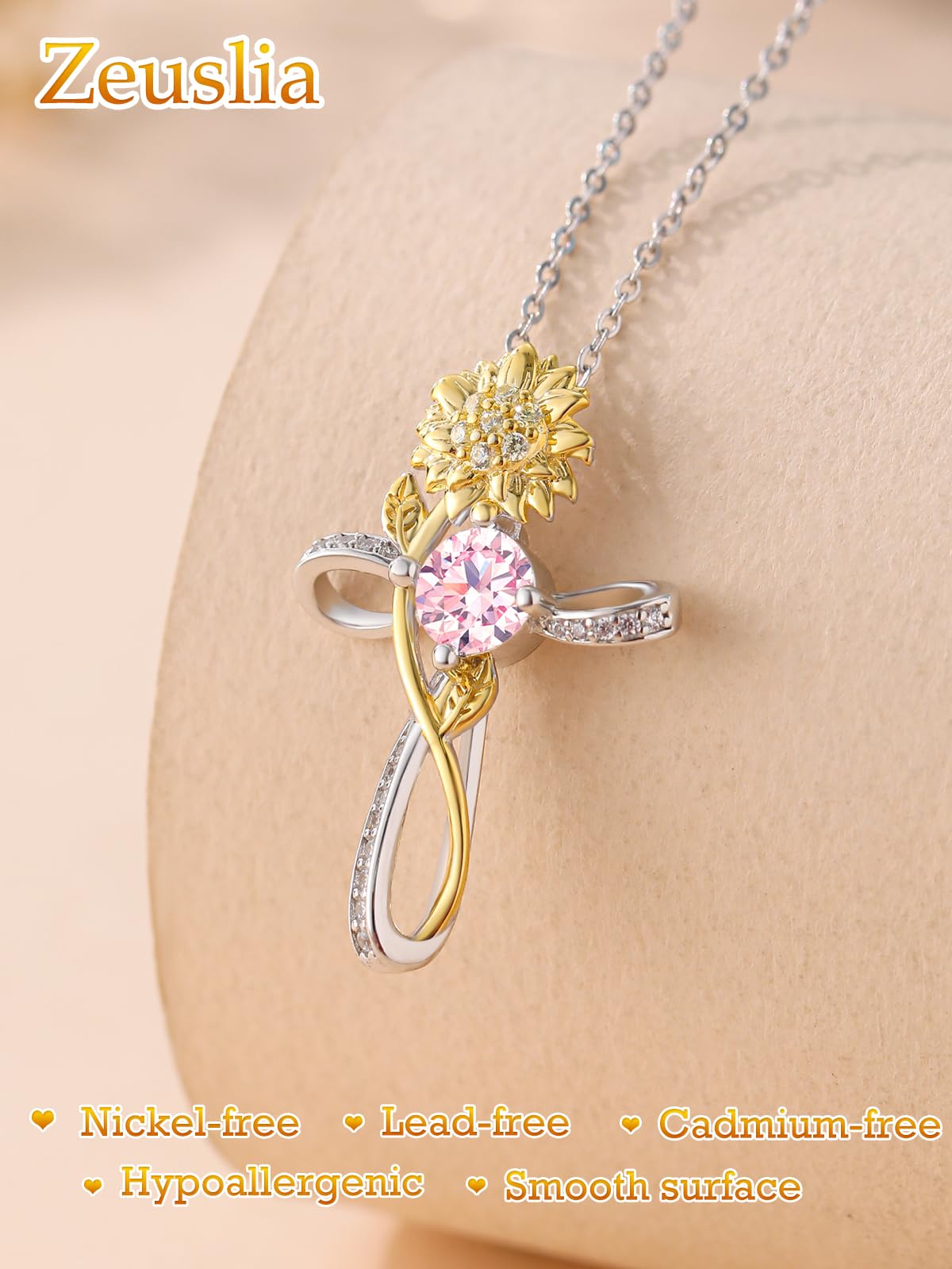 Cross Necklace for Women Sterling Silver Cross Pendant Jewelry with Sunflower Tourmaline October Birthstone Necklace Christian Religious Baptism First Communion Confirmation Birthday Gifts for Women