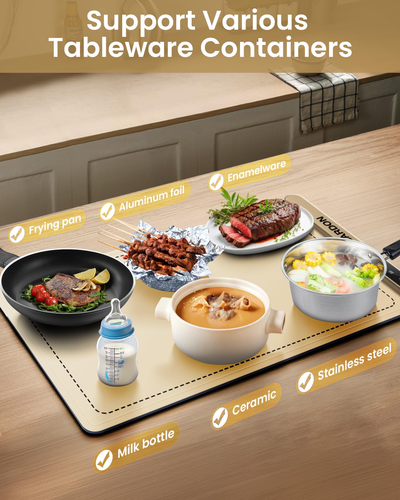 Gardon Warming Mat for Food - 18"x11" Food Warmers for Parties Buffet, Electric Warmer Tray with 6 Temp Settings, Portable Silicone Heating Pad, Kitchen Gadgets & Gifts for Party Home Travel, Beige