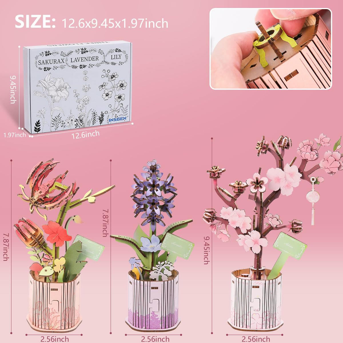 Insgen 3D Wooden Flower Puzzle for Adults, DIY Wooden Bouquet Building Sets, 3 Flowers Botanical Model Craft Kits, Living Room Shelf Table Decor, Gift for Plant Lovers Enthusiasts