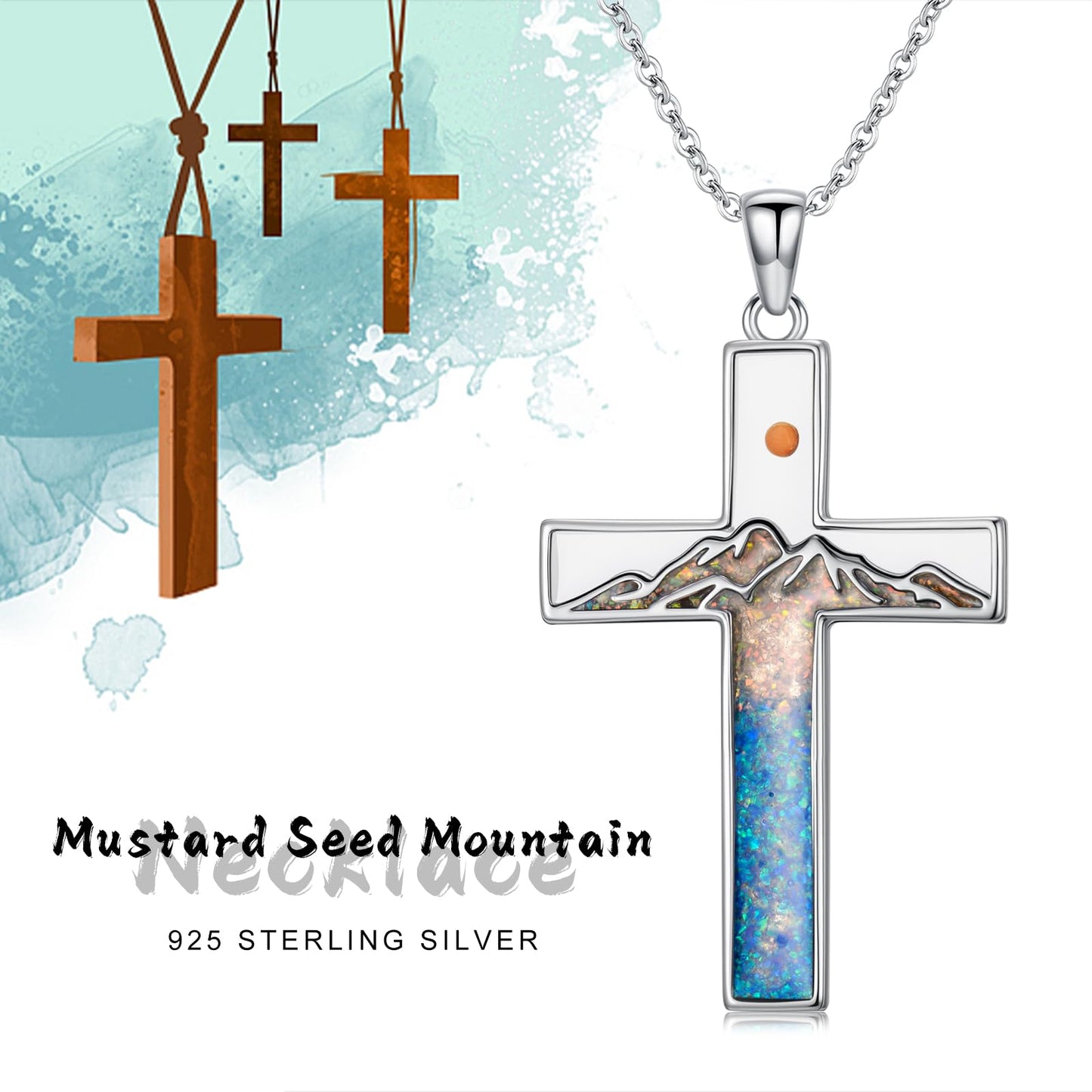 Suiknsn Mustard Seed Necklace 925 Sterling Silver Blue Opal Turquoise Mountain Necklace Faith Cross Pendant Christian Jewelry Hiking Gifts for Women Mom