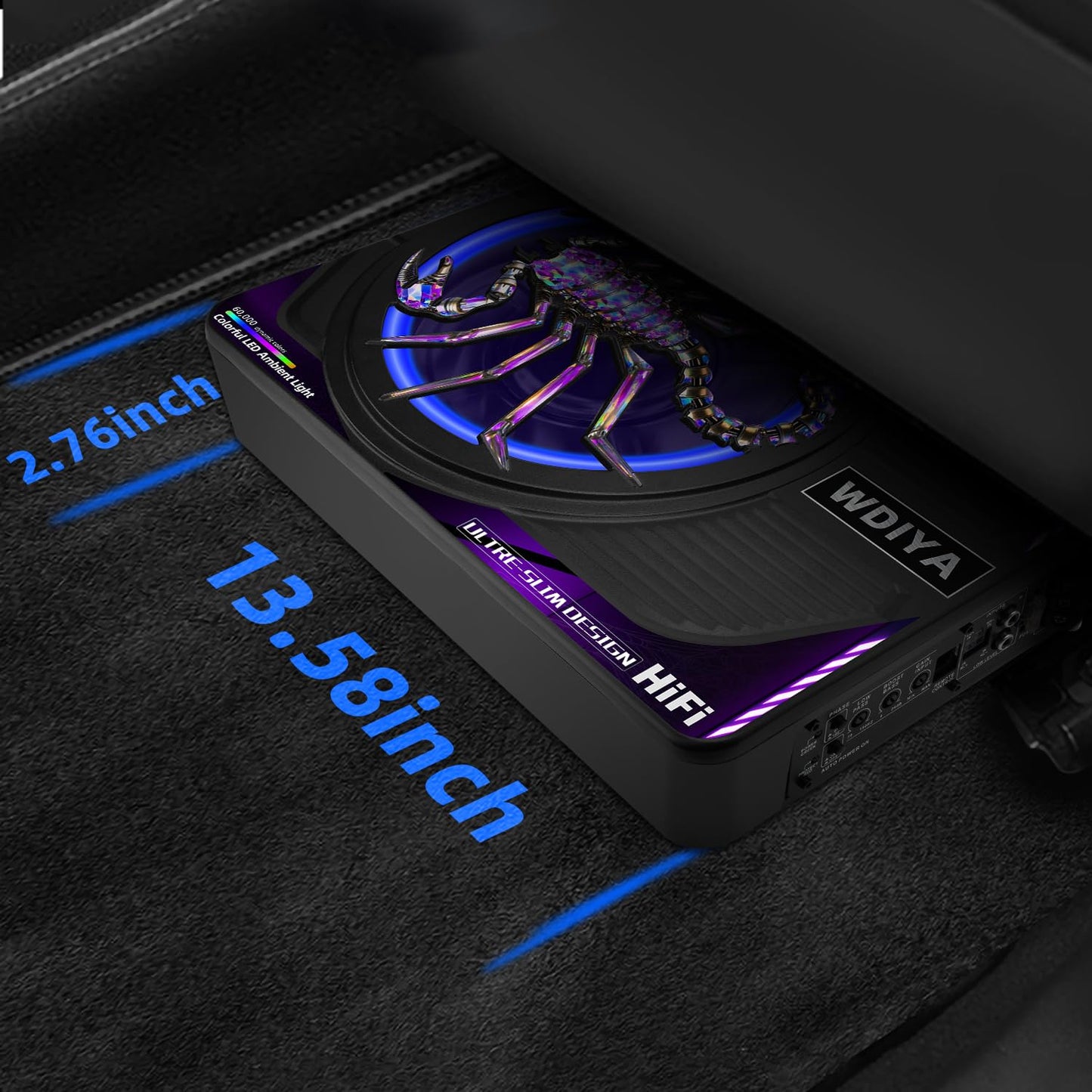 WDiYA Upgraded 1600W 10" Slim Under Seat Subwoofers with Amp & LED Ambient Lights for Truck/Car - Deep Bass, Individual Controls (LPF/Gain/Bass Boost), High Output Distortion-Free Audio