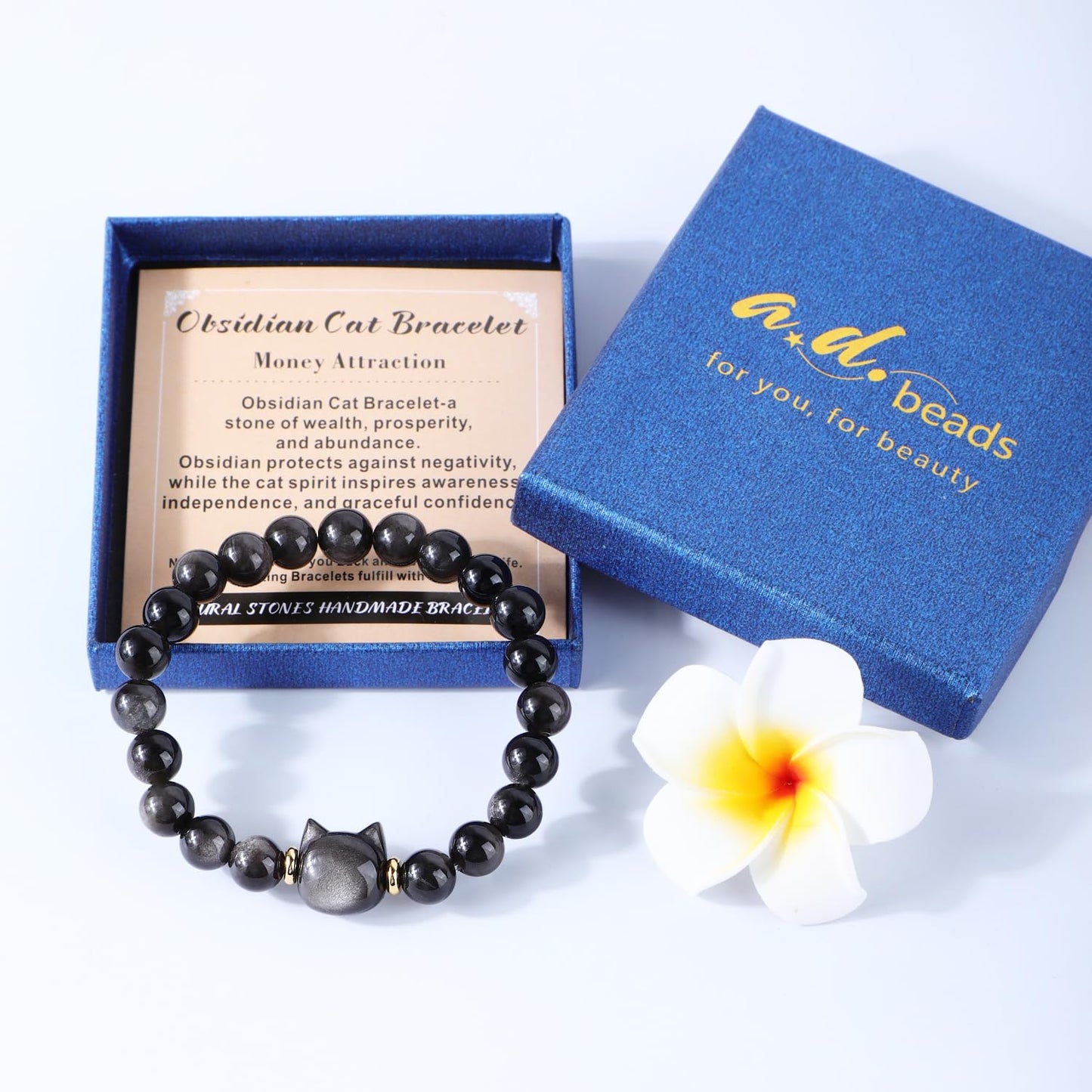 AD Beads 6mm Handmade Obsidian Cat Bracelet Elastic Bracelet – Natural Gemstone for Money Attraction – Meditation, Yoga, Healing and Energy Gift for Men Women