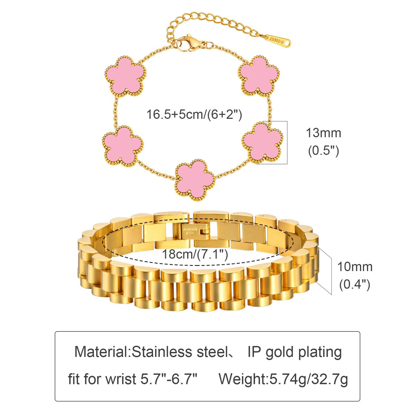 Stackable Gold Floral Bracelets Set , 2pcs 18K Gold Plated Bracelet Non-Tarnish,Stainless Steel Link Chain Friendship Bracelet,Watch Band Trendy Jewelry,Christmas Valentines Birthday Gifts for Women