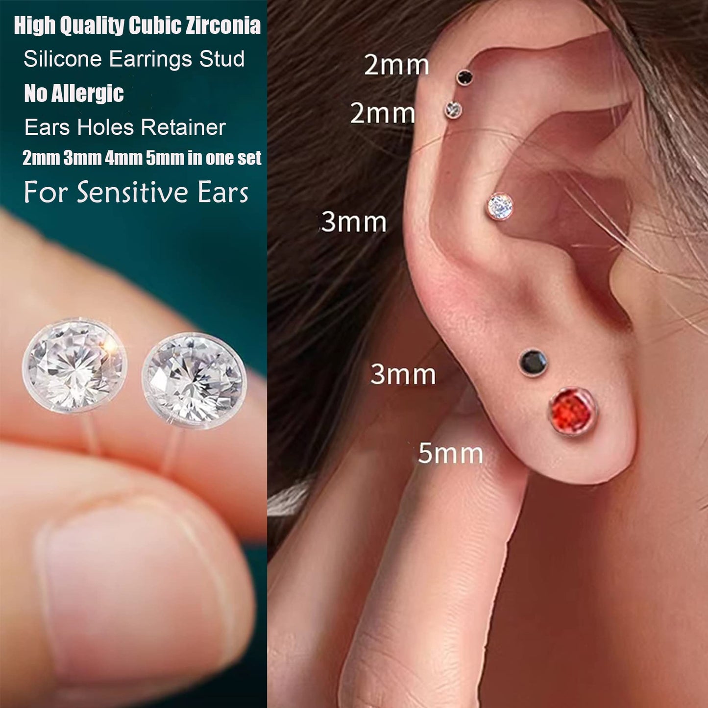OwlkOrmy 8 Pairs Anti Allergy Plastic Earrings for Sensitive Ears & Include 8 Pairs Silicone Soft earring backs, Birthstone Cubic Zirconia Stud Earrings Kit 2mm 3mm 4mm 5mm in one Set (Amber)