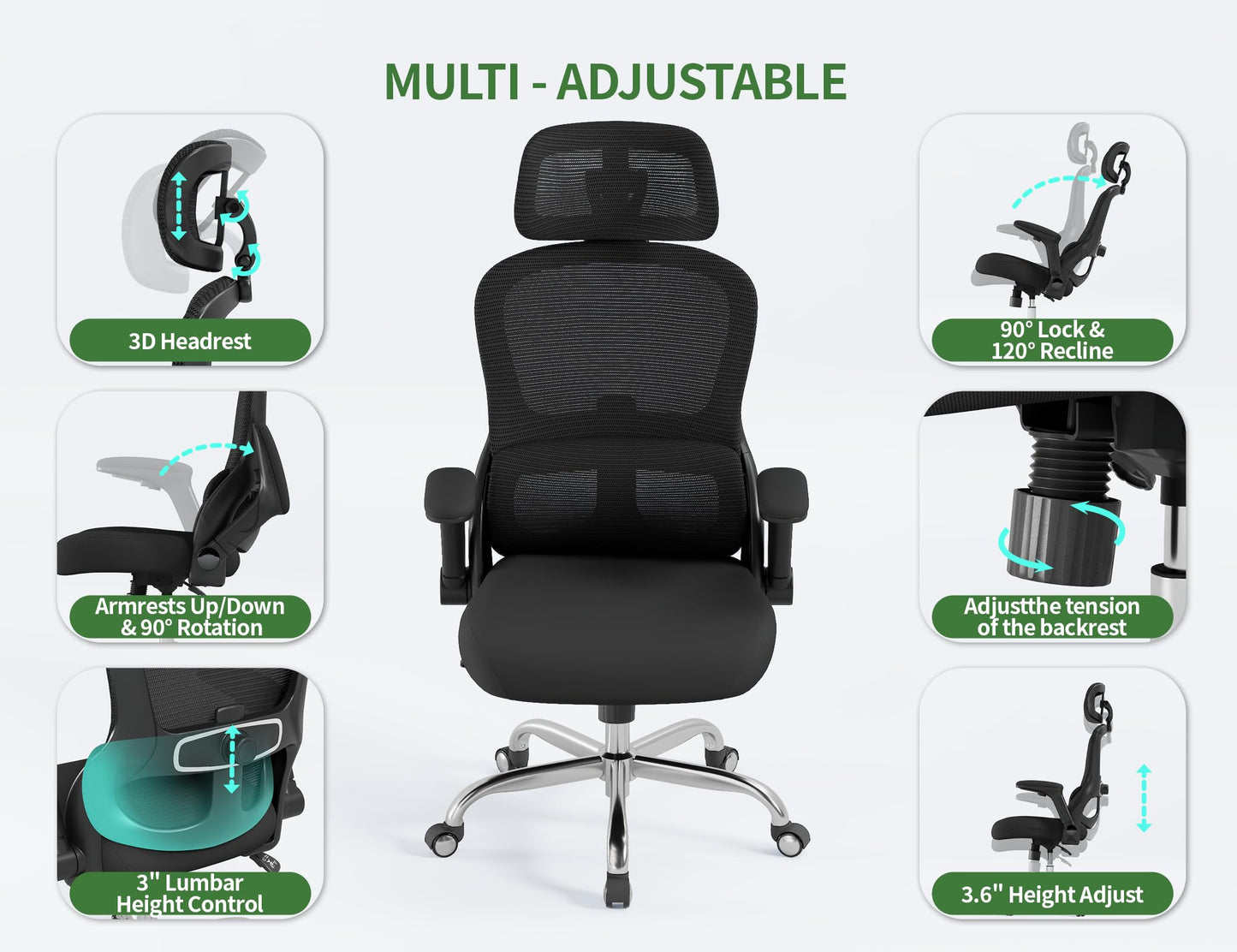 Veratric Ergonomic Office Chair: 400LBS Computer Desk Chair Comfy-Black Big and Tall Office Chair with Lumbar Support & Headrest-Gaming Chairs for Adults-Executive Office Rolling Chairs for Home Work