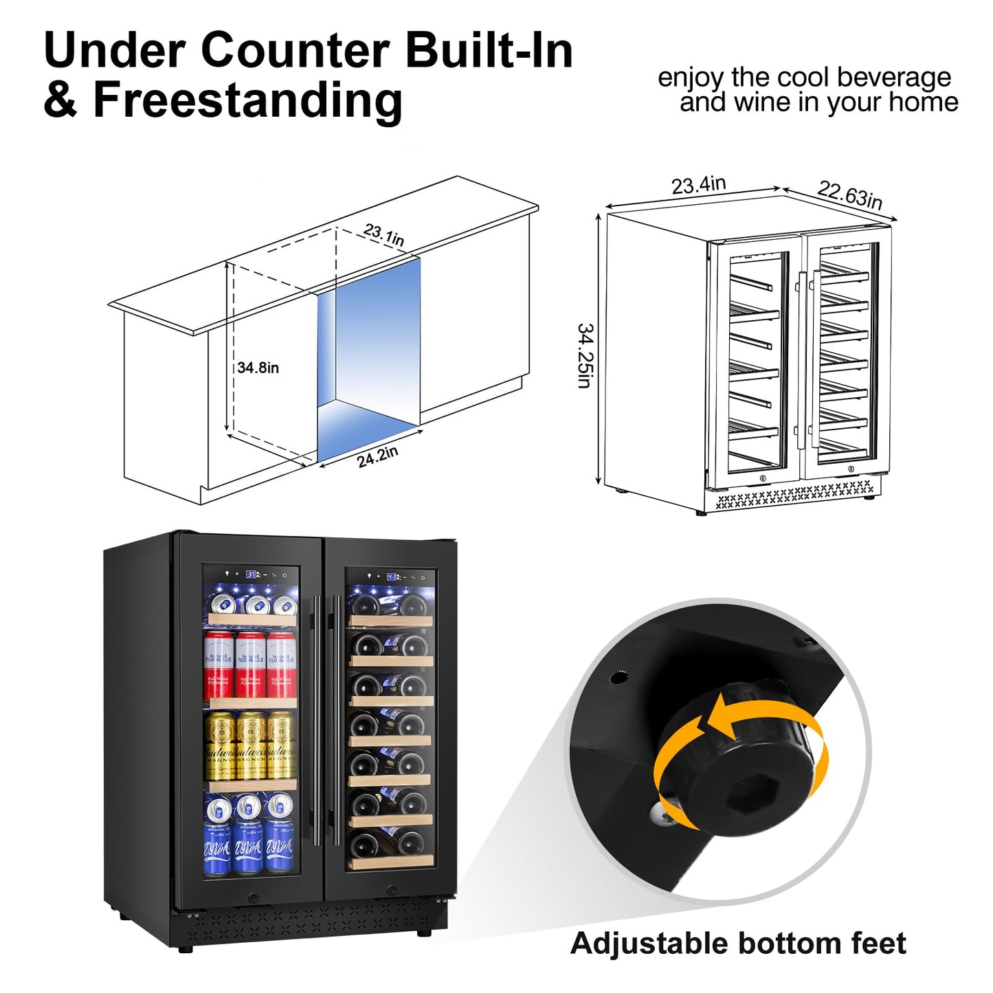 FoMup Wine and Beverage Refrigerator, 24 Inch Beverage Cooler Dual Zone with Glass Door, Under Counter Beverage Fridge with Upgraded 60 Cans 20 Bottles Large Capacity, Black