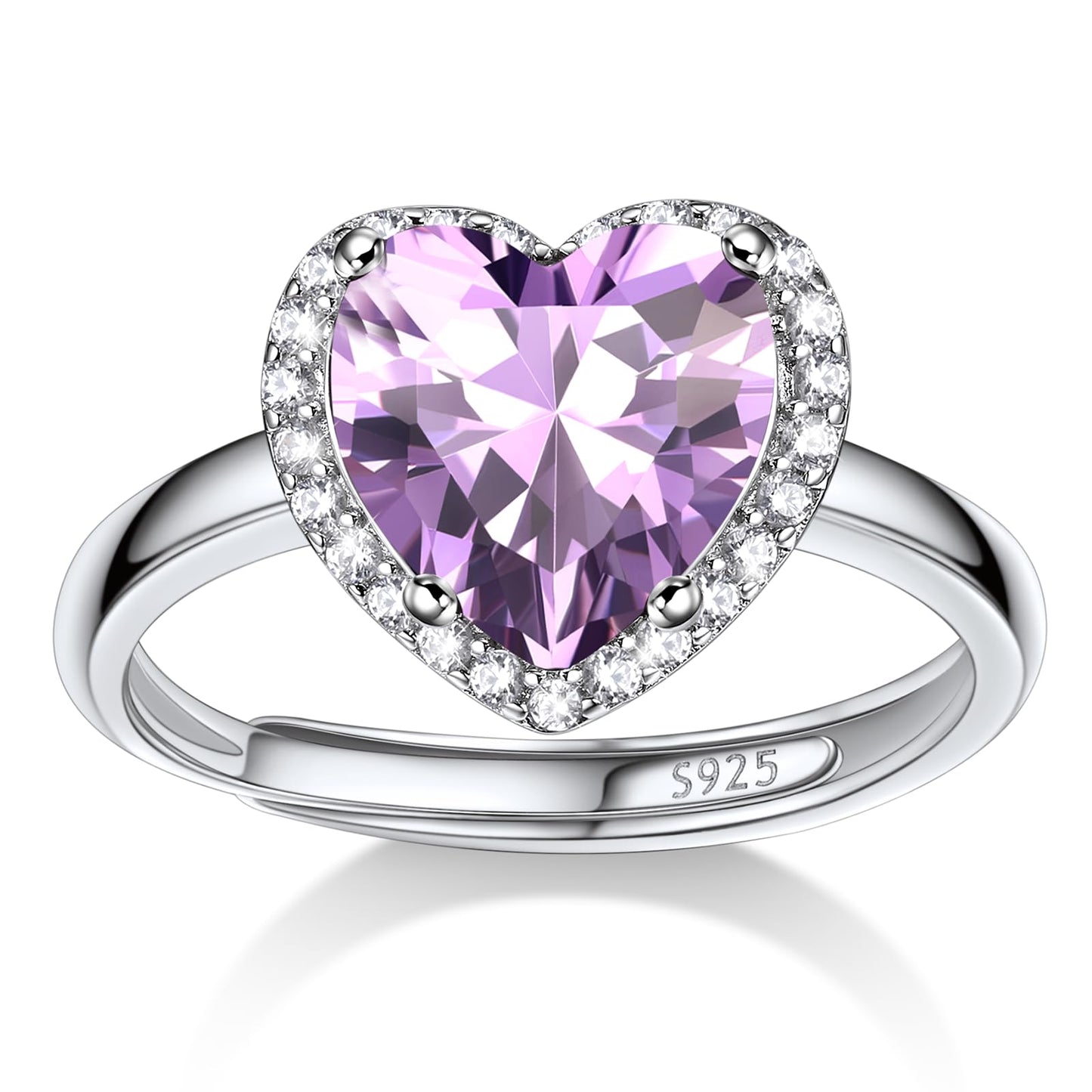 Bestyle Flattering June Alexandrite Heart Crystal Rings Halo Cubic Zirconia Rings for Women Dainty 925 Sterling Silver Hypoallergenic Adjustable Rings Size #6-#12