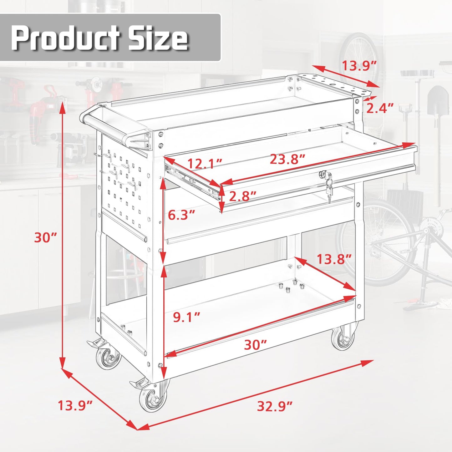 Pelnuies 3 Tier Rolling Tool Cart, 400 LBS Capacity Mechanic Tool Carts on Wheels, Heavy Duty Utility Cart with Drawers, Metal Work Cart for Garage, Warehouse and Repair Shop, Matte Black