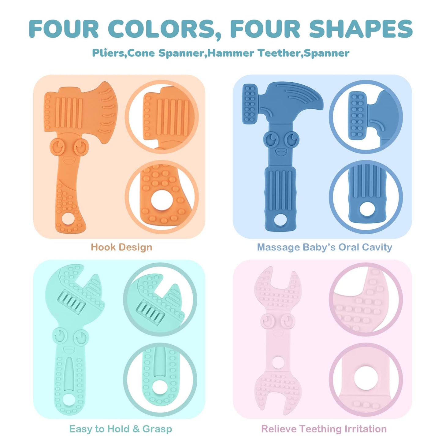 TYRY.HU Baby Teething Toys for Babies, Baby Teether Toys, BPA Free Silicone Baby Molar Teether Chew Toys, Hammer Wrench Spanner Pliers for Boys Girls, Soft-Textured, Easy to Hold & Clean, 4 Packs