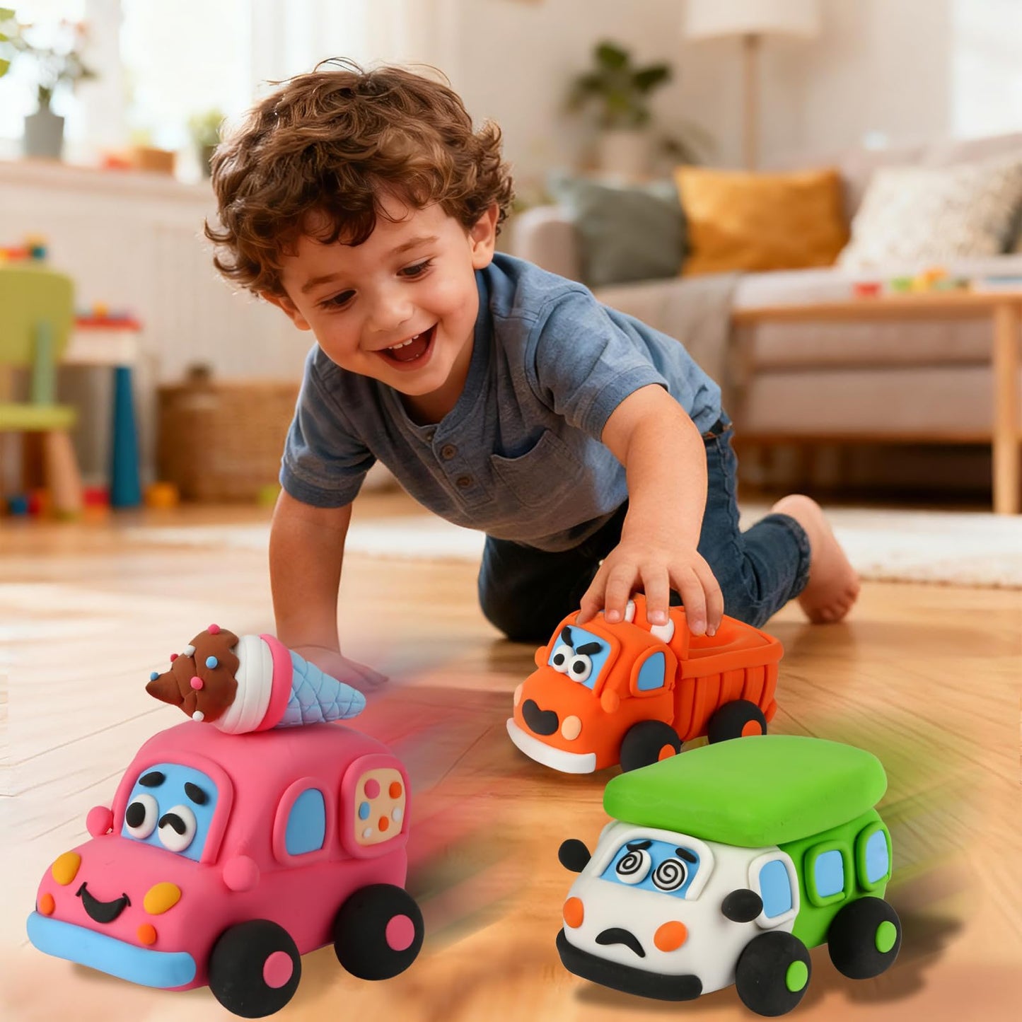 Air Dry Clay Kit for Kids - Pull Back Car Making, 3 Boxes Modeling Clay with Sculpting Tools, Base, Backing Board, Tutorial, Ultra Light & Soft, Non-Toxic & Safe, Creative DIY Arts and Crafts Toys