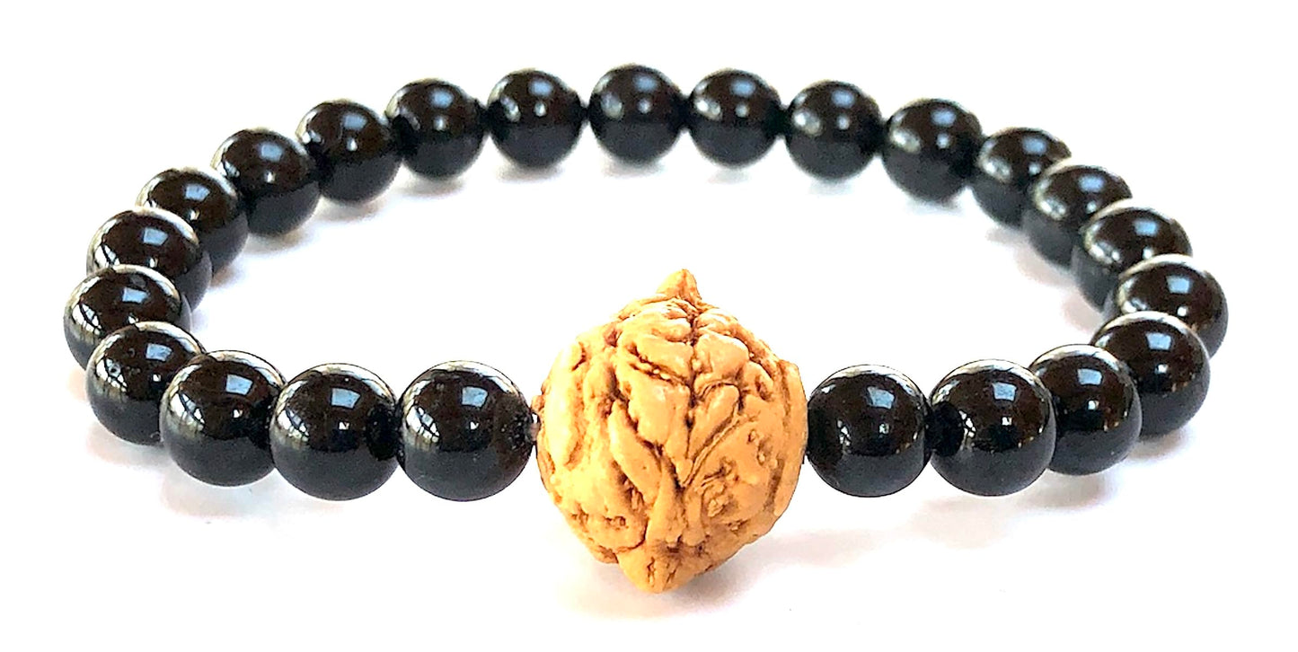 AWAKEN YOUR KUNDALINI Black Tourmaline & Bodhi Satva Bead Stretch Bracelet – 8mm & 14mm (Wrist Size 7.5 Inches)