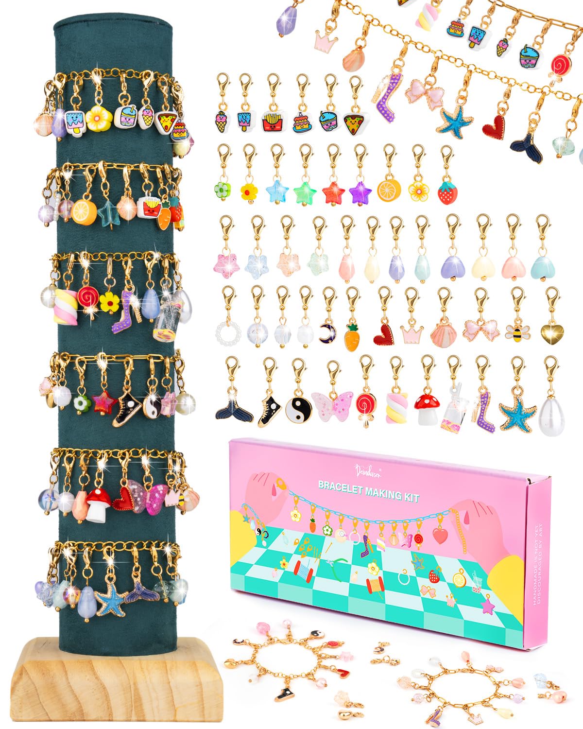 Deinduser Charm Bracelet Making Kit for Girls, Clip on Charms Kit for Bracelets, Charms for Bracelets with Clasp, Chain Bracelet Set for Girls, Ages 5-12