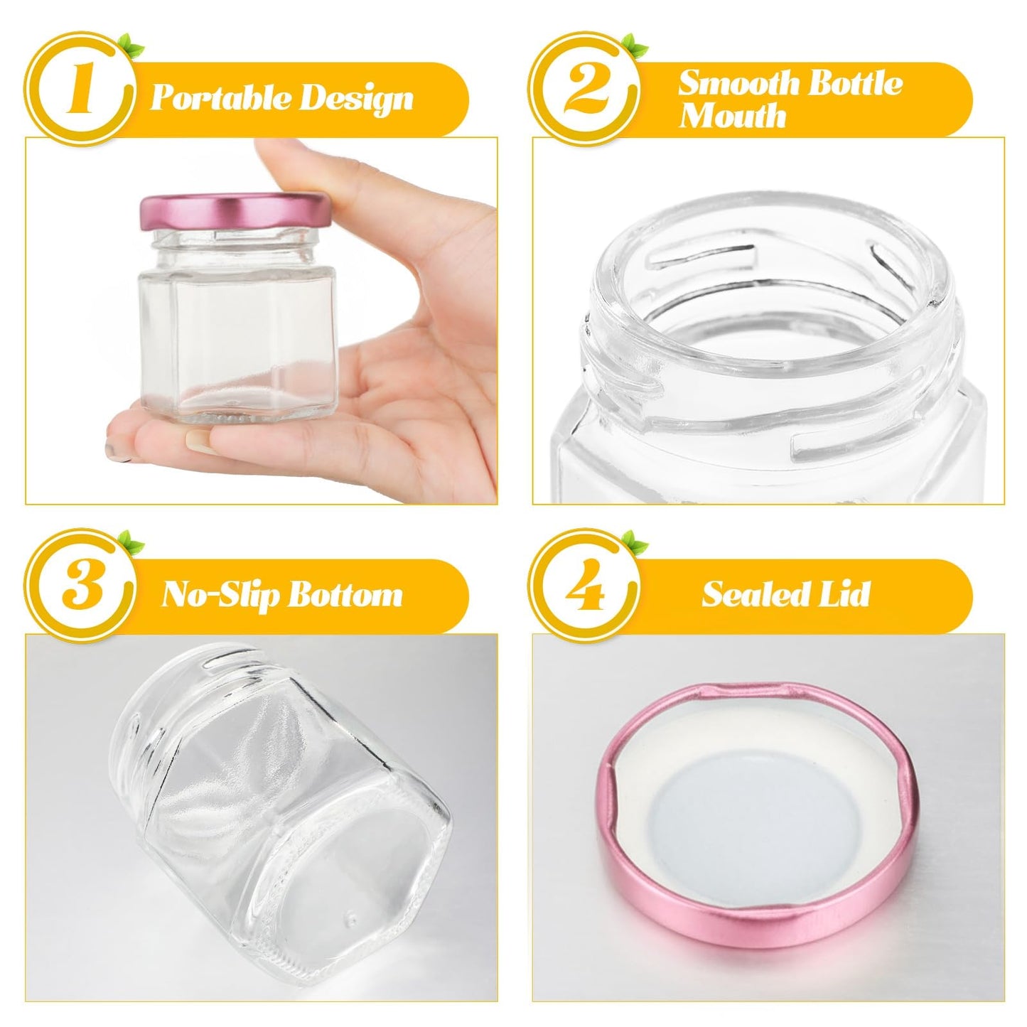 Nuogo 100 Pack 1.5oz Mini Hexagon Glass Jars Bulk for Wedding Small Honey Jars with Lids for Spice Canning Mason Gifts Candy Honey Wedding Party Favors DIY Crafts (Pink)