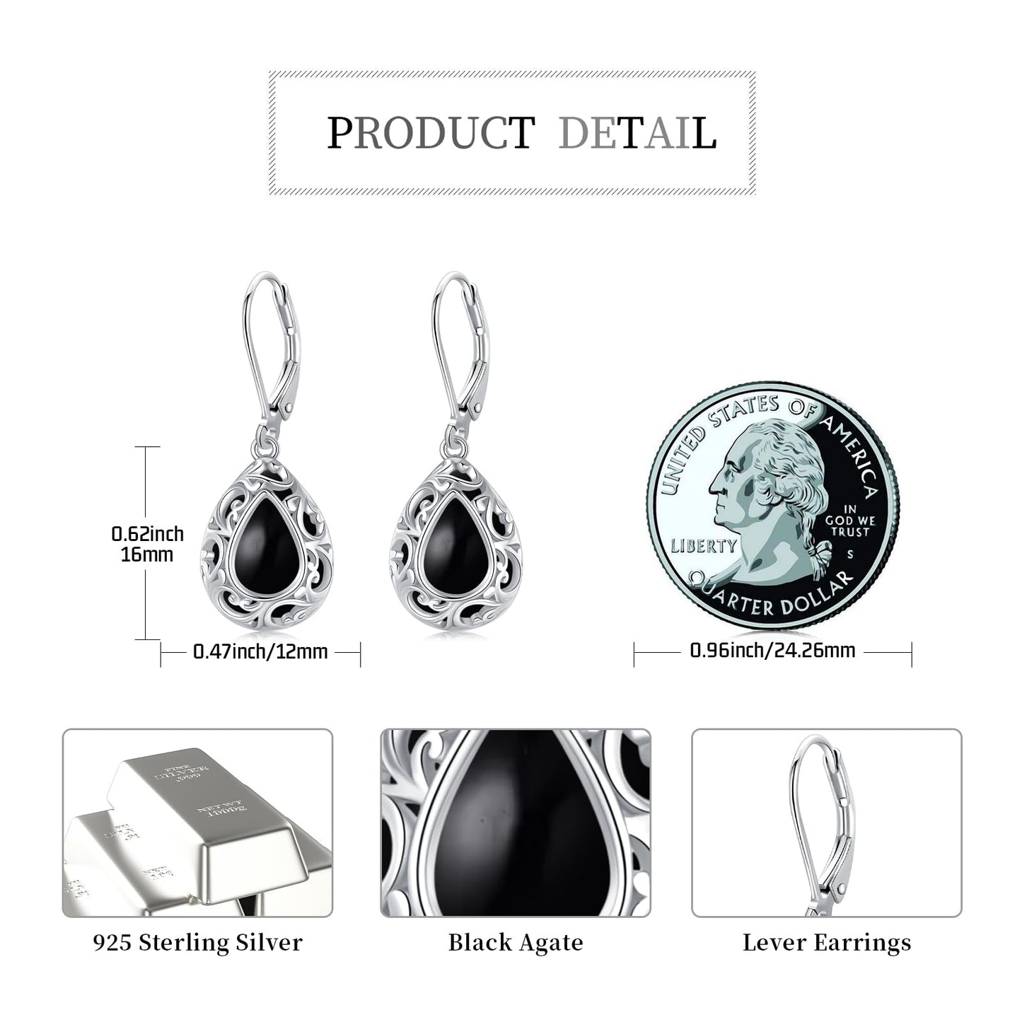 KoyeKei Filigree Black Onyx Leverback Earrings for Women 925 Sterling Silver Black Onyx Teardrop Dangle Drop Earrings Jewelry Filigree Anniversary Graduation Gifts for Sister Daugther Her